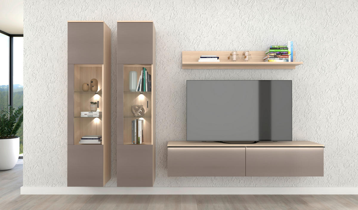 WOHNWAND 4-teilig  in Grau, Eichefarben  284/204/41 cm  - Eichefarben/Schwarz, KONVENTIONELL, Glas/Holzwerkstoff (284/204/41cm) - Carryhome