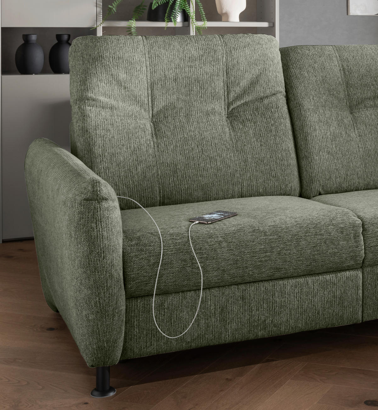 ECKSOFA in Chenille Dunkelgrün  - Dunkelgrün/Schwarz, Modern, Textil/Metall (270/198cm) - Livetastic