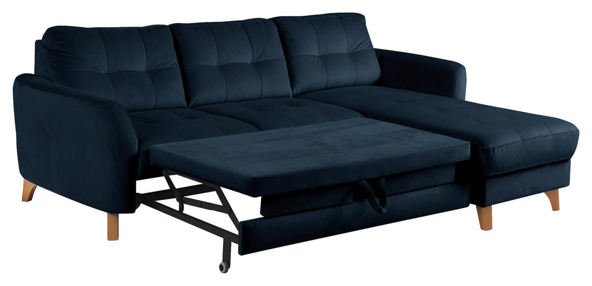 ECKSOFA Dunkelblau Samt Bettkasten, Schlaffunktion, Liegefläche im Originalstoff  - Buchefarben/Dunkelblau, Design, Holz/Textil (238/168cm) - Livetastic