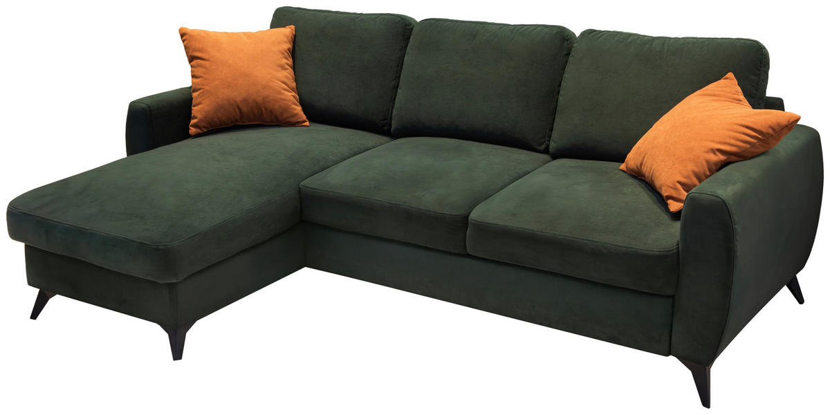 ECKSCHLAFSOFA JEFFREY Mikrovelours Dunkelgrün  inkl. Zierkissen, Rückenkissen, Stauraum  - Dunkelgrün/Schwarz, KONVENTIONELL, Textil/Metall (230/150cm) - Livetastic