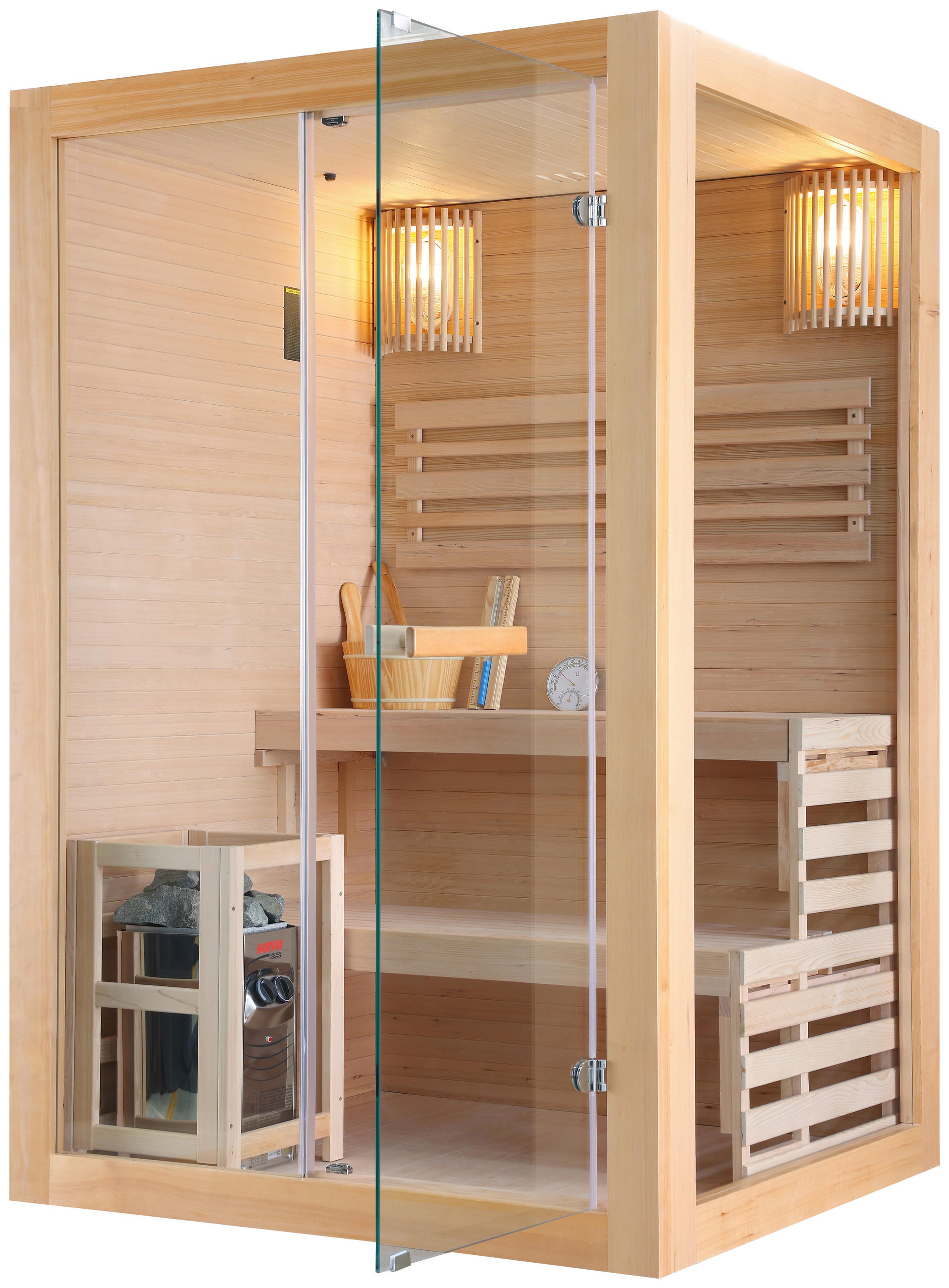 SAUNA für 2 Personen  - Naturfarben, Basics, Glas/Holz (130/120/200cm) - Sanotechnik