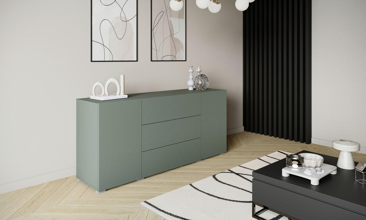 SIDEBOARD Berlin 150/68/38,5 cm 3 låda(or)  - grå/salviagrön, Design, trämaterial/plast (150/68/38,5cm) - P & B
