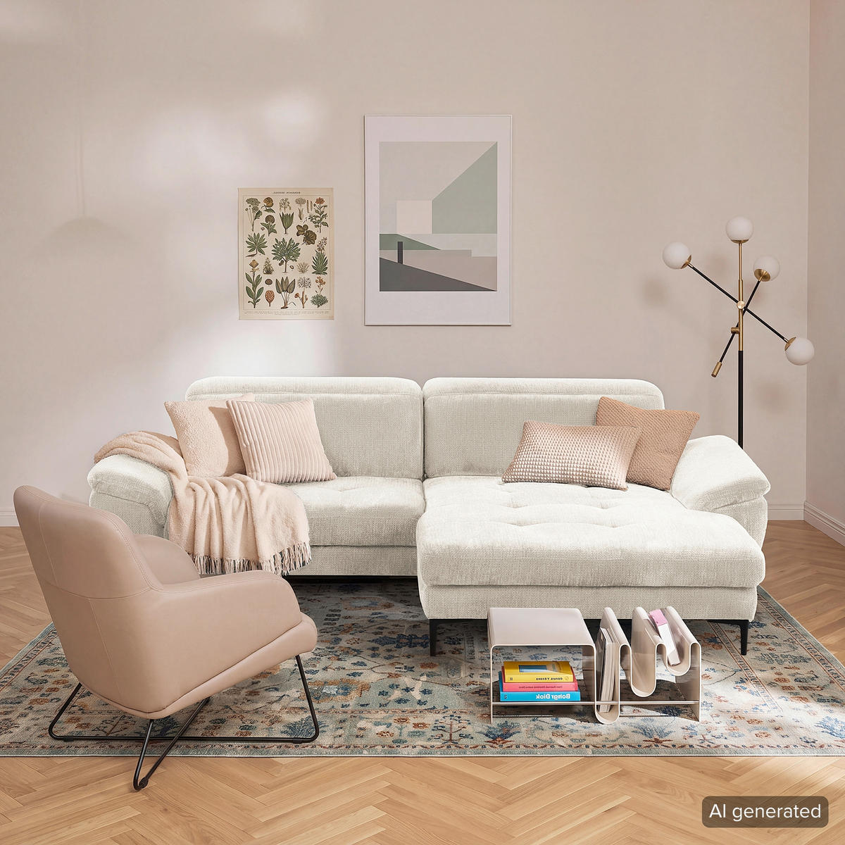 ECKSOFA   - Weiss/Schwarz, Design, Textil/Metall (268/195cm) - Livetastic