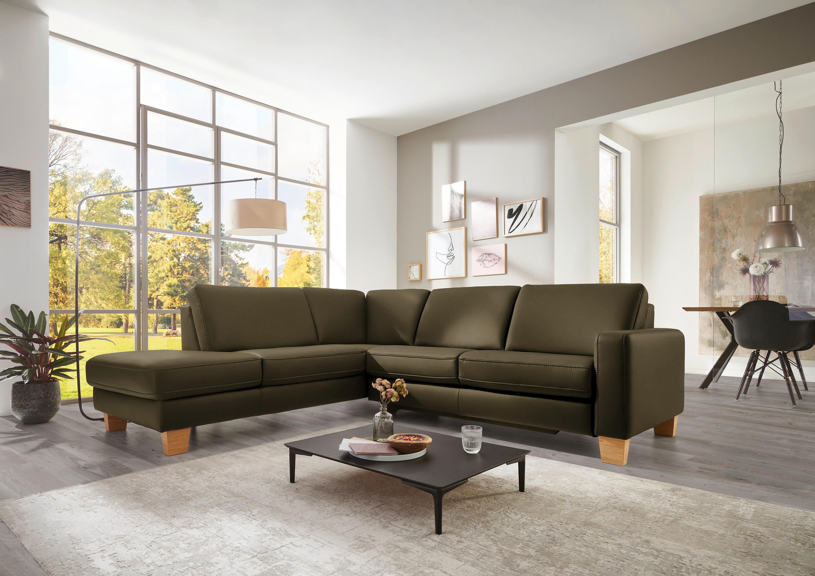 ECKSOFA in Echtleder Olivgrün  - Eiche Bianco/Olivgrün, Konventionell, Leder/Holz (235/257cm) - Valdera
