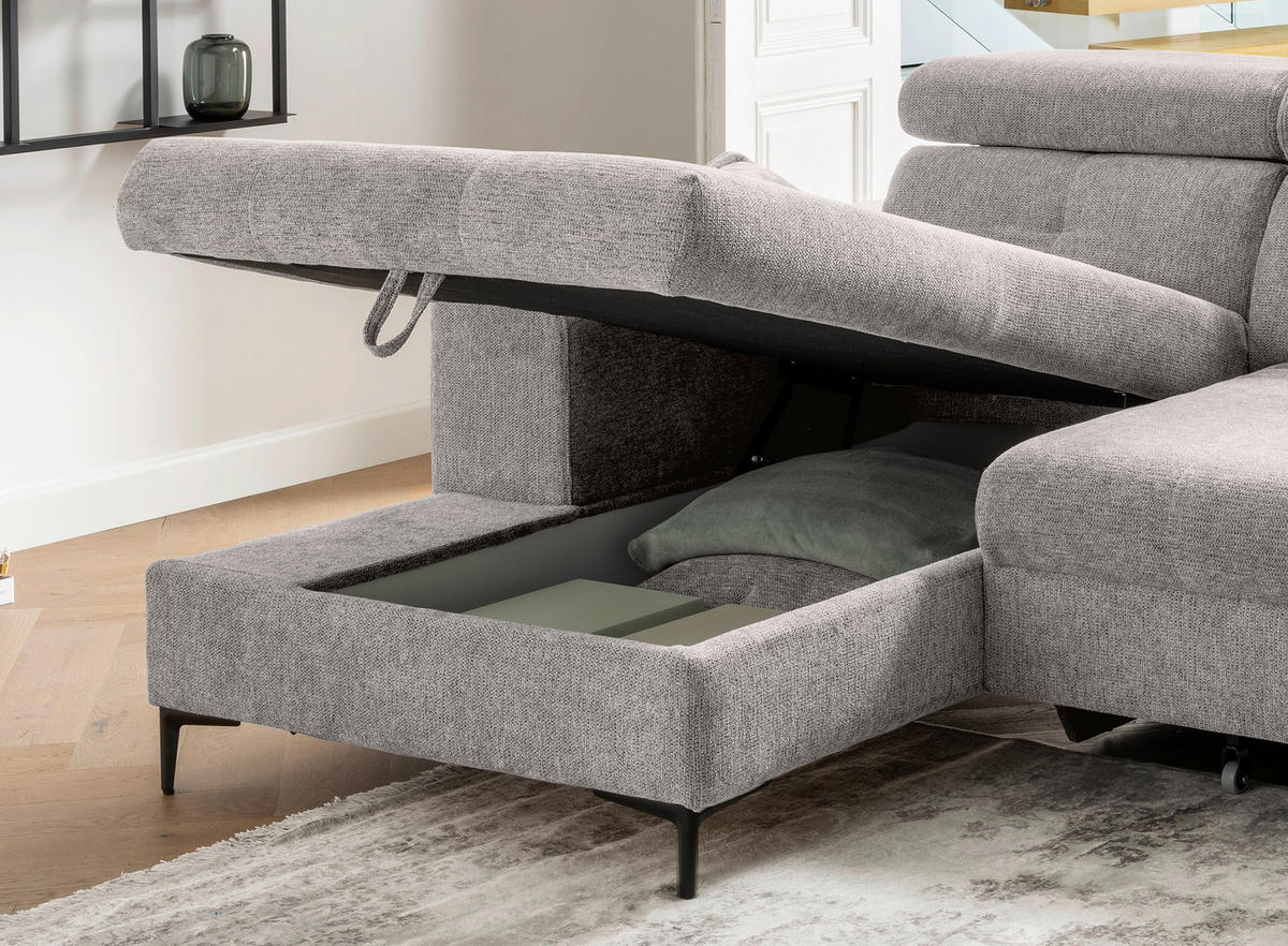 ECKSOFA NEAPEL Grau Chenille Zierkissen, Nierenkissen, Schlaffunktion, Kopfteilverstellung, Stauraum  - Schwarz/Grau, Basics, Textil/Metall (186/270cm) - Livetastic