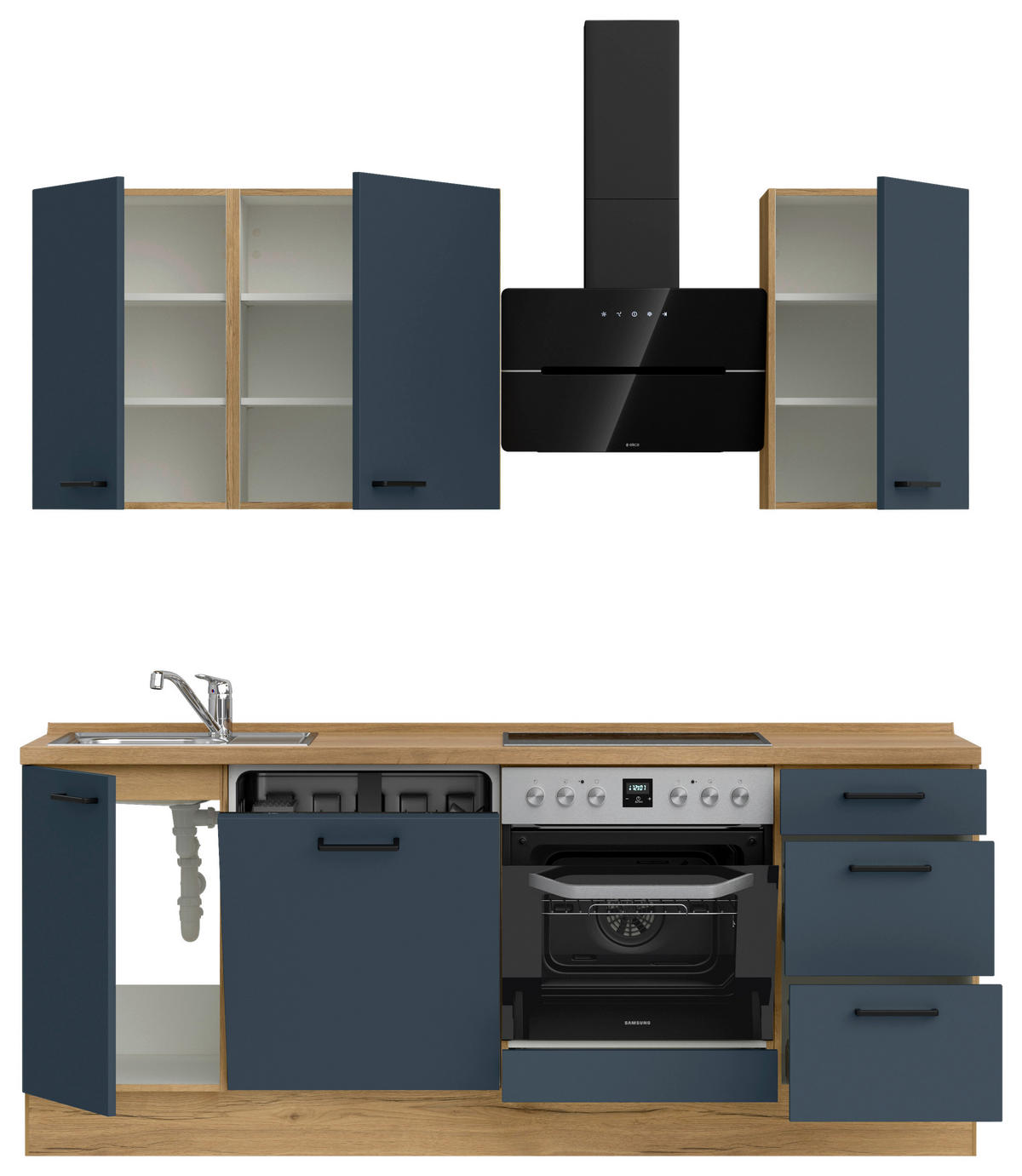 KÜCHENBLOCK Easytouch 210 cm  in Eichefarben, Dunkelblau  - Eichefarben/Schwarz, MODERN, Holzwerkstoff/Metall (210cm) - Nobilia