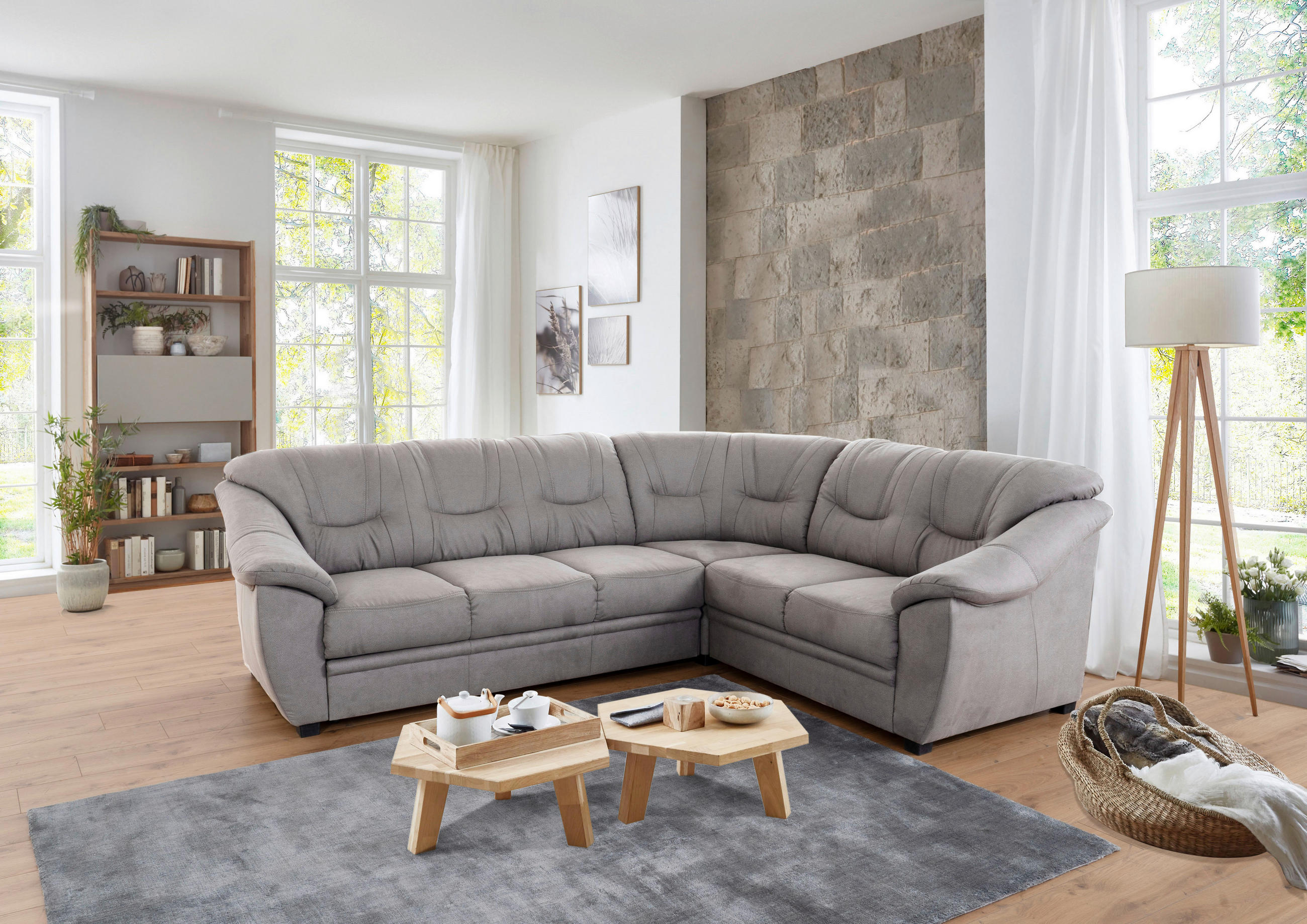 ECKSOFA in Flachgewebe Hellgrau  - Hellgrau/Schwarz, Konventionell, Kunststoff/Textil (264/215cm) - Sit & More