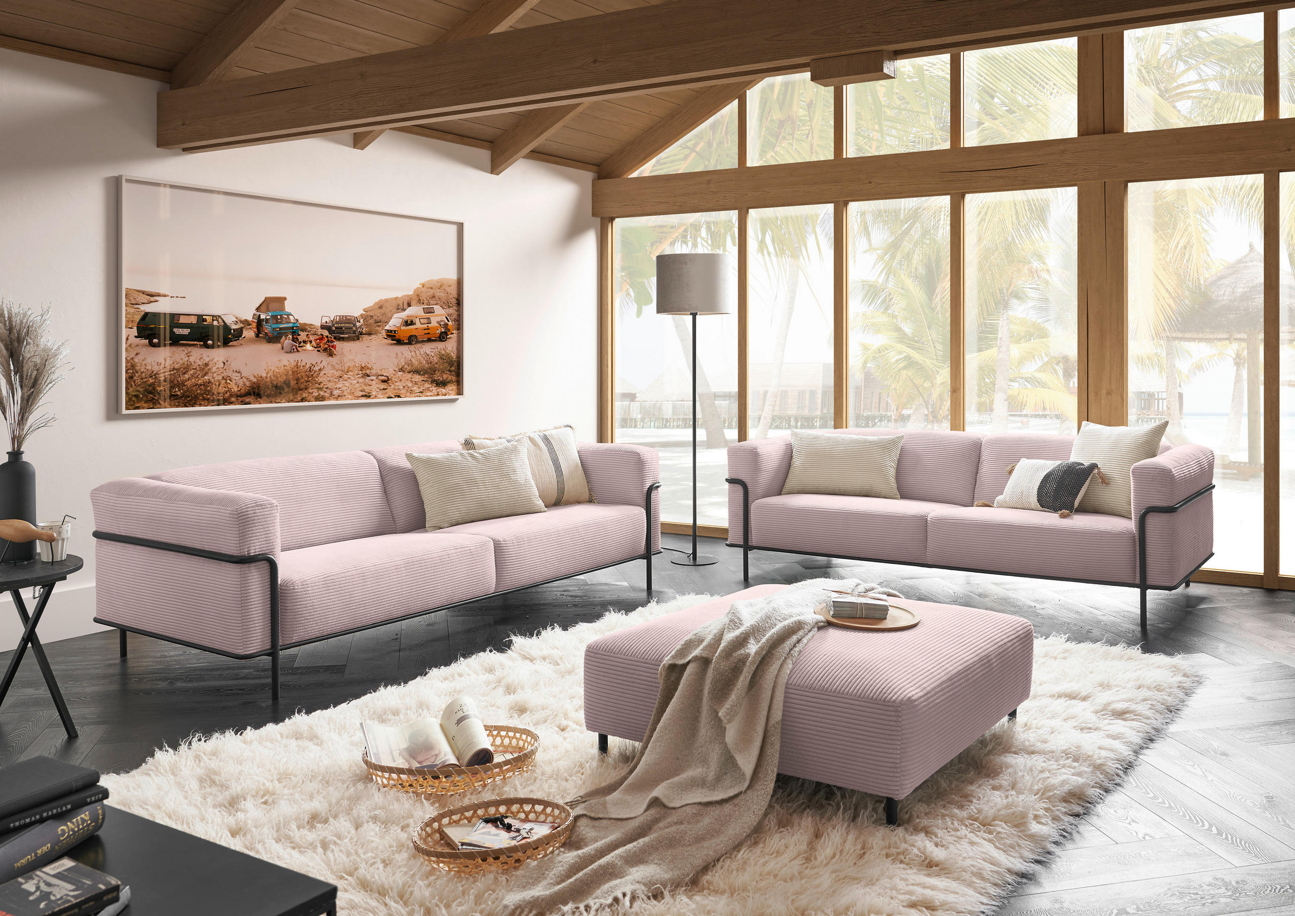 2,5-SITZER in Cord Rosa  - Schwarz/Rosa, Design, Textil/Metall (216/67/96cm) - Johann Jakob