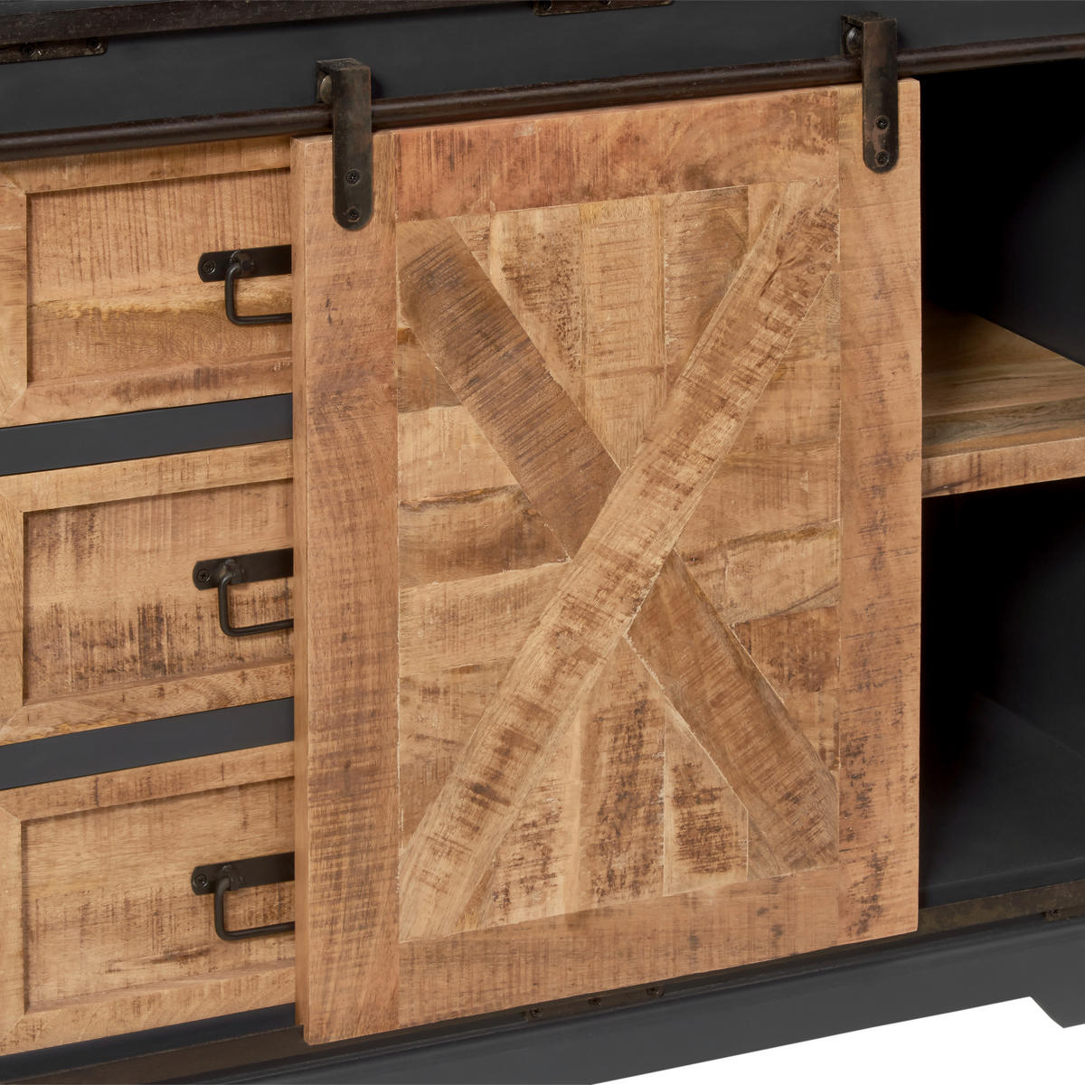 VITRINE  in massiv Mangoholz Schwarz, Grau, Naturfarben - Schwarz/Naturfarben, LIFESTYLE, Holz/Holzwerkstoff (100/180/45cm) - MID.YOU