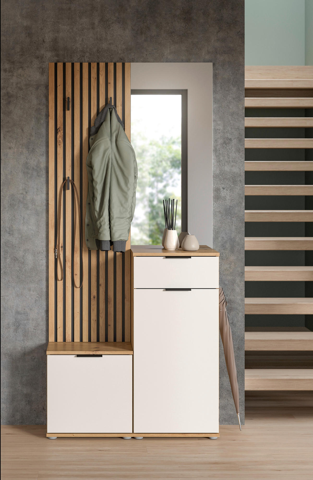 GARDEROBE 4-teilig  in 88/195/35 cm  - Weiß/Eiche Artisan, Design, Glas/Holzwerkstoff (88/195/35cm) - Xora