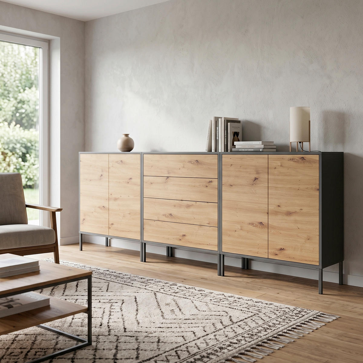 SIDEBOARD   - Anthrazit/Eiche Artisan, MODERN, Holzwerkstoff/Metall (237/86/33cm) - MID.YOU