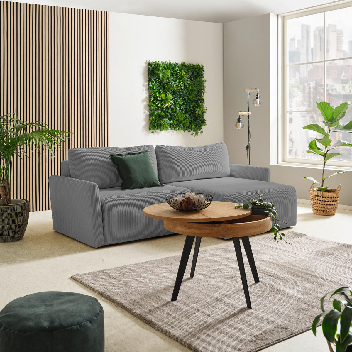 ECKSOFA in Cord Hellgrau  - Hellgrau/Schwarz, Konventionell, Kunststoff/Textil (228/146cm) - MID.YOU