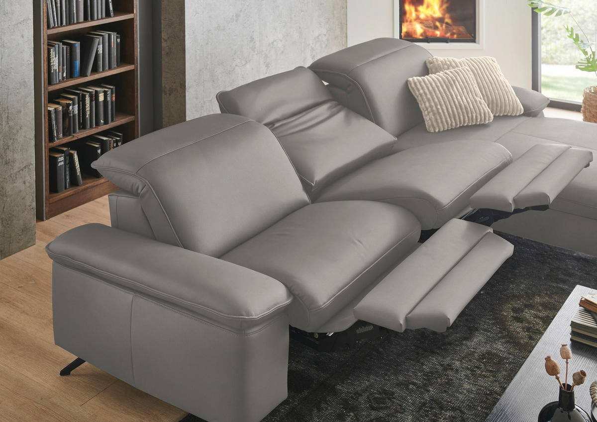 ECKSOFA  Echtleder Hellgrau  - Hellgrau/Schwarz, Design, Leder/Metall (307/169cm) - Beldomo Premium
