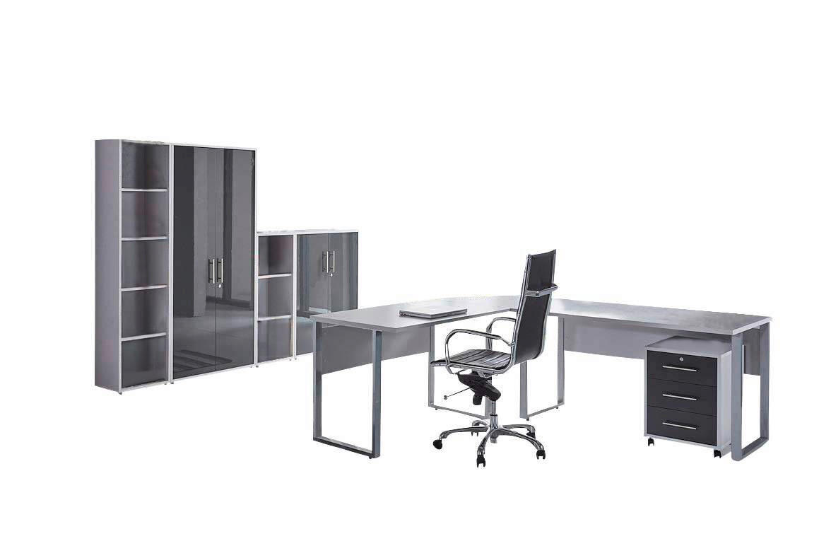 BÜRO erweiterbar, in verschiedenen Holz-Dekoren erhältlich, Schreibtisch seitenverkehrt montierbar, abschließbar Grau, Anthrazit Hochglanz - Anthrazit Hochglanz/Grau, MODERN, Holzwerkstoff - MID.YOU