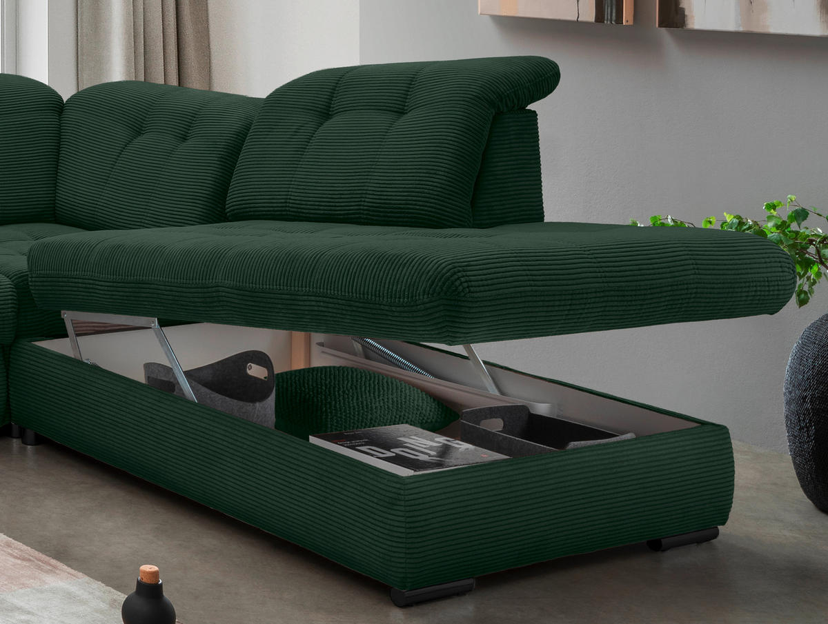 WOHNLANDSCHAFT in Cord Dunkelgrün  - Dunkelgrün/Schwarz, Modern, Textil/Metall (184/387/252cm) - Livetastic