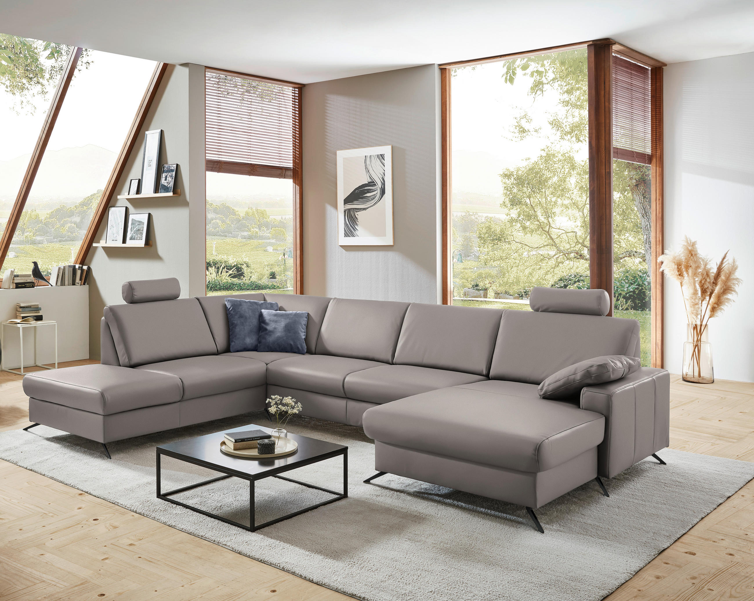 WOHNLANDSCHAFT in Echtleder Hellgrau  - Hellgrau/Schwarz, Design, Leder/Metall (233/339/165cm) - Beldomo Premium