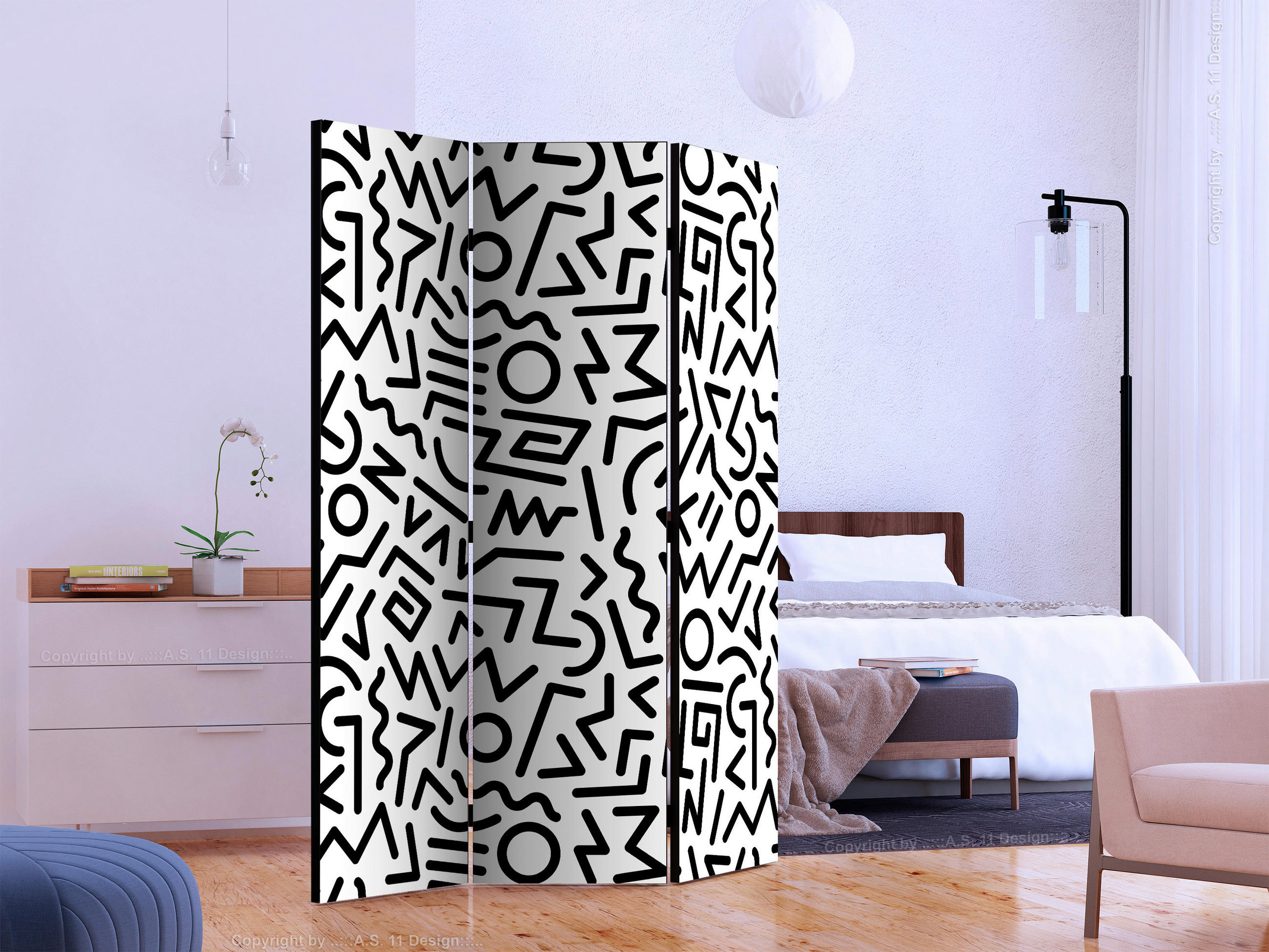 SKÄRMVÄGG  i trä, textil  svart, vit  - vit/svart, Basics, trä/textil (135/172/3cm) - artgeist