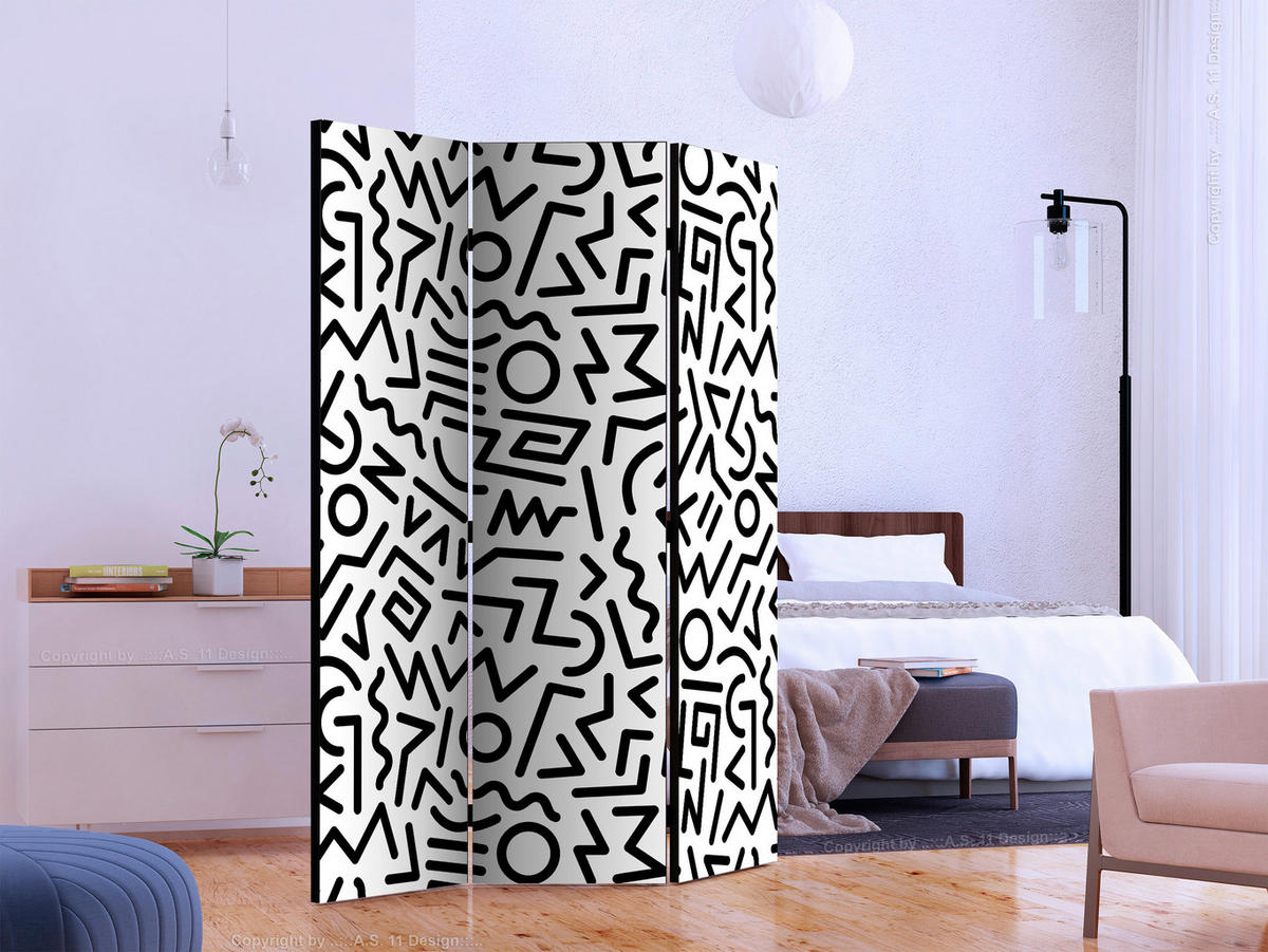 SKÄRMVÄGG  i trä, textil  svart, vit  - vit/svart, Basics, trä/textil (135/172/3cm) - artgeist