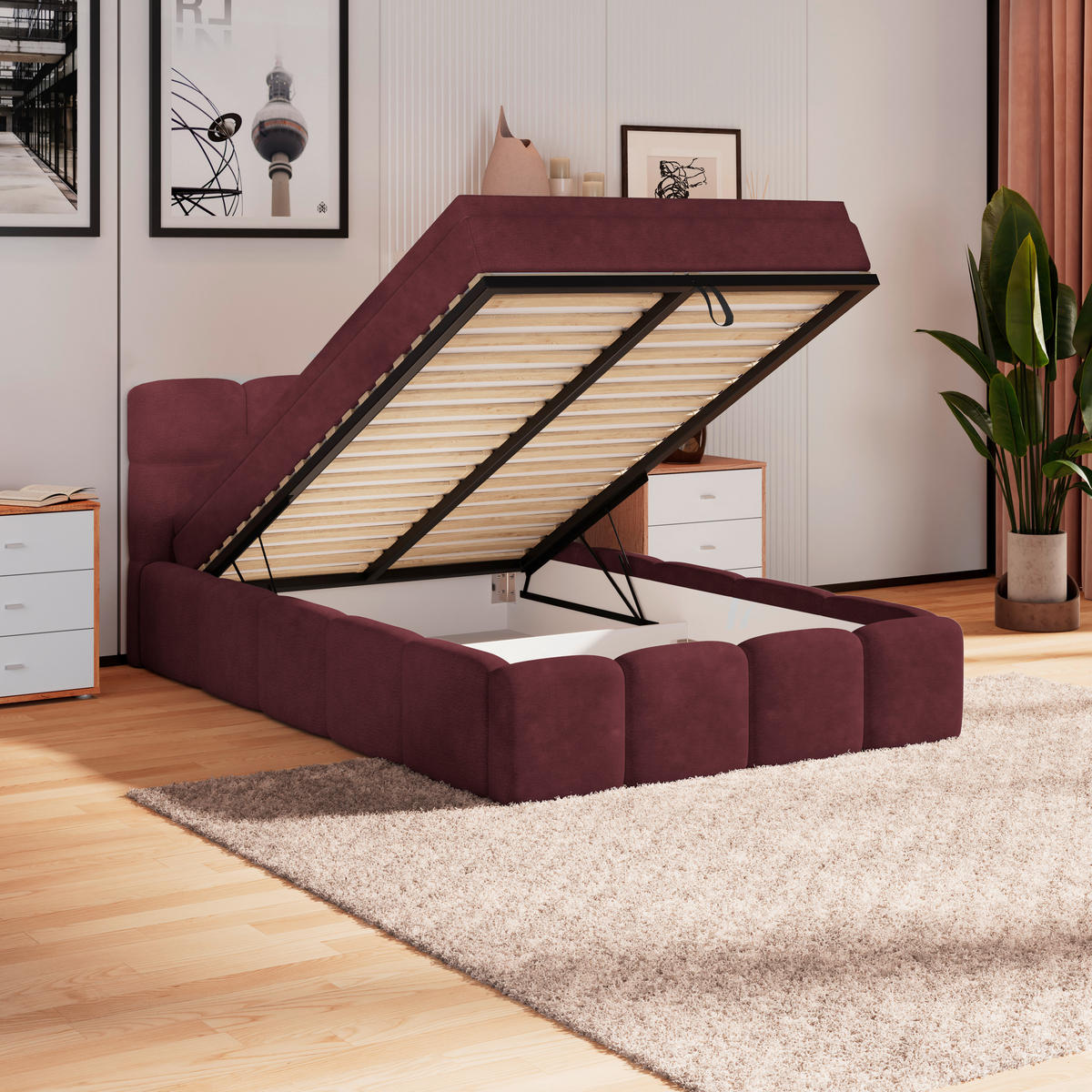 POLSTERBETT 140/200 cm,  in Bordeaux, Matratze, Bettkasten, H3 = fest  - Bordeaux/Schwarz, Trend, Kunststoff/Textil (140/200cm)