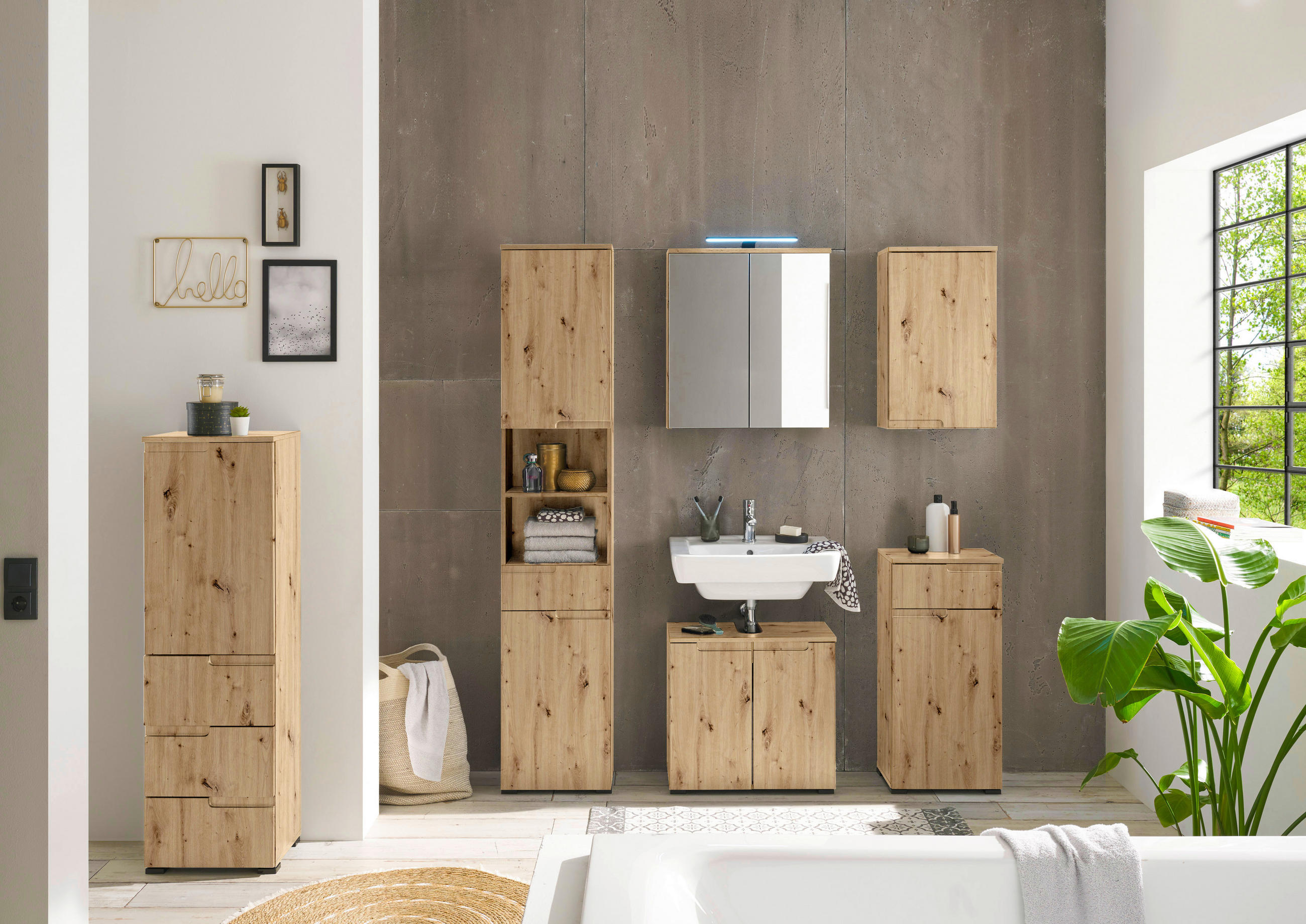 Thumbnail - Mid.you Spiegelschrank, Eiche Artisan, Holzwerkstoff, 2 Fächer, F, 60x67x20 cm, Badezimmer, Badezimmerspiegel, Spiegelsc...