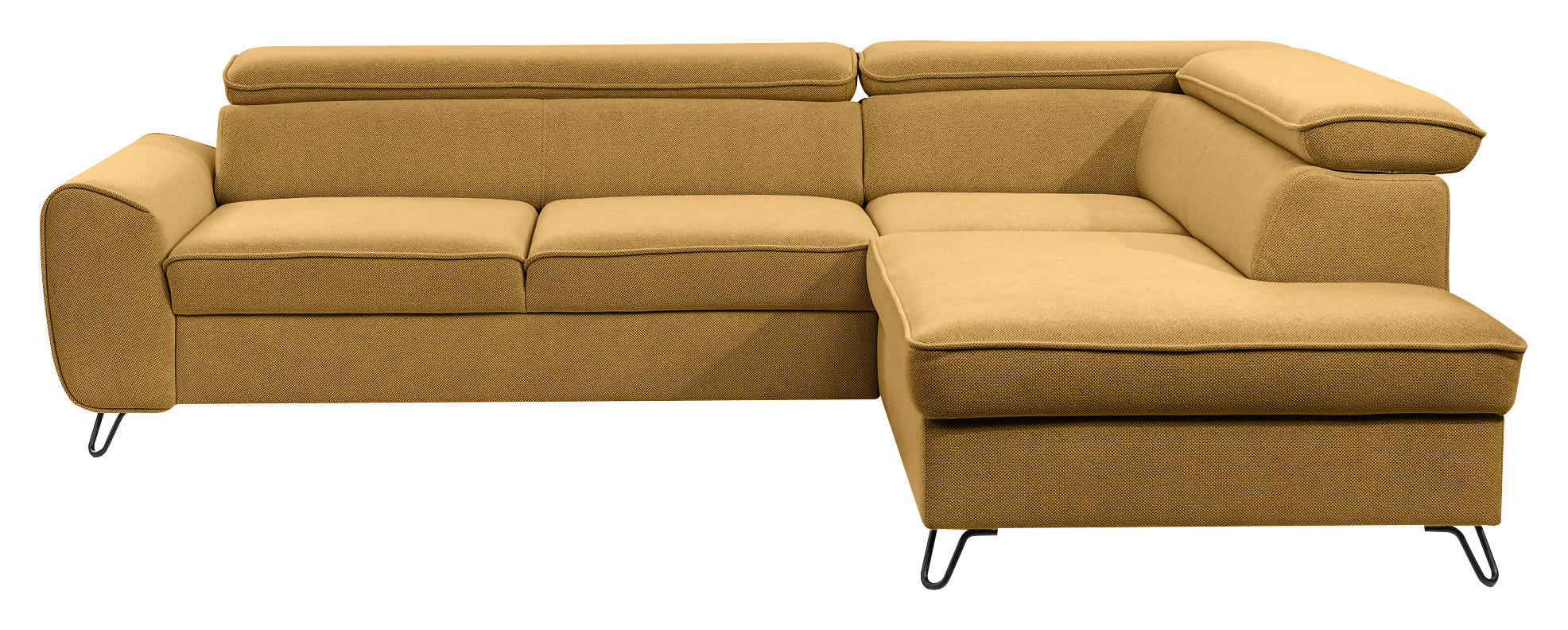 ECKSOFA inkl. Funktion Currygelb Flachgewebe  inkl. Bettkasten, Schlaffunktion, Rücken echt, Kopfstütze  - Currygelb/Schwarz, Design, Textil/Metall (250/200cm) - Stylife