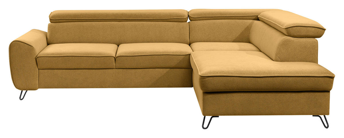ECKSOFA inkl. Funktion Currygelb Flachgewebe  inkl. Bettkasten, Schlaffunktion, Rücken echt, Kopfstütze  - Currygelb/Schwarz, Design, Textil/Metall (250/200cm) - Stylife