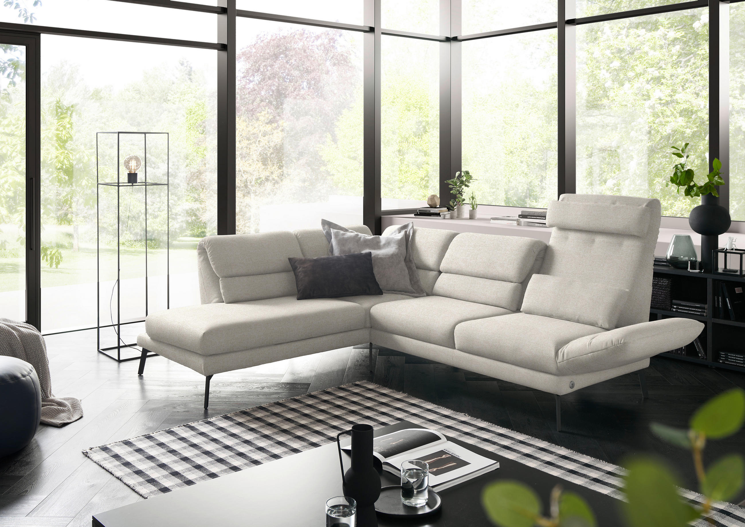 ECKSOFA in Flachgewebe Naturfarben, Beige  - Beige/Schwarz, Design, Textil/Metall (212-253/256-363cm) - Dieter Knoll