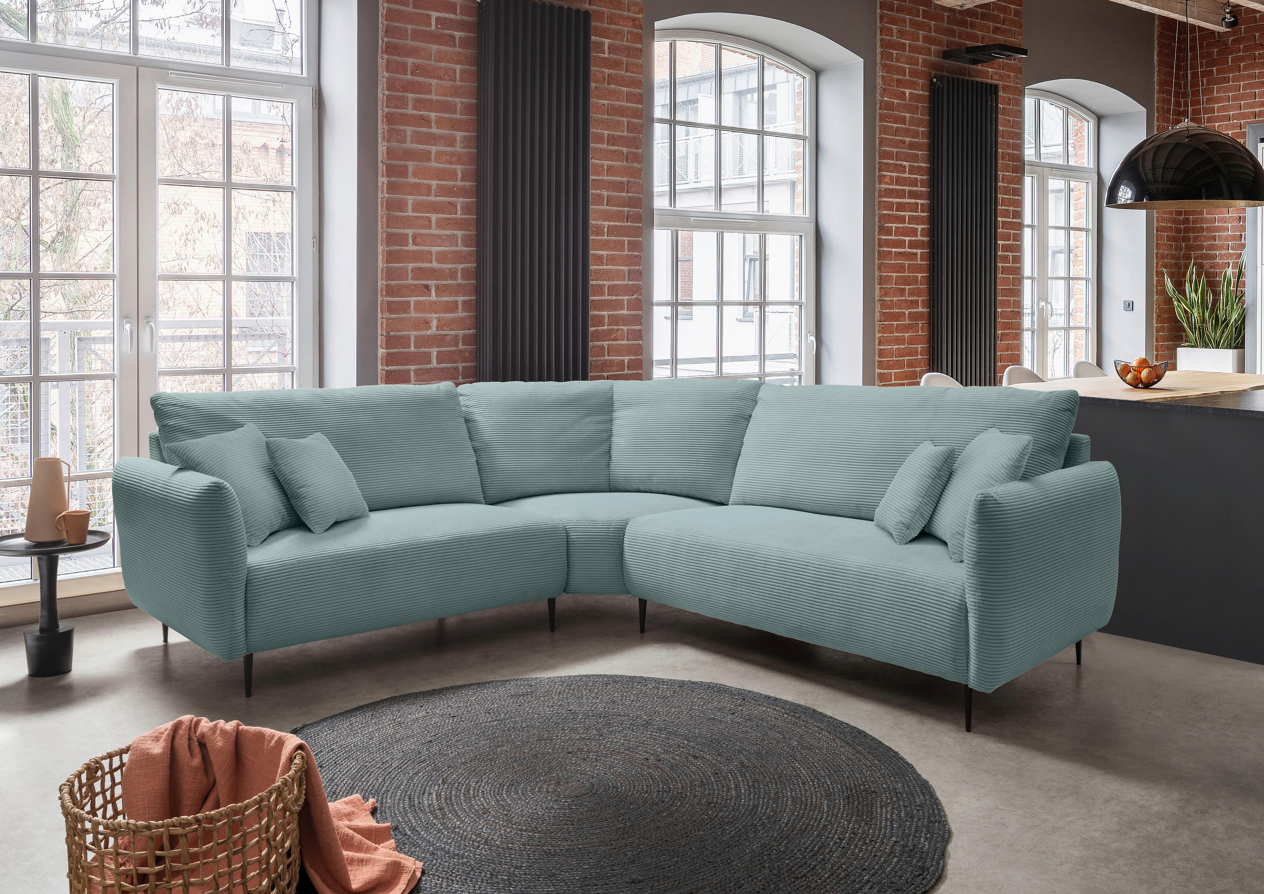 ECKSOFA in Cord Hellblau  - Schwarz/Hellblau, Design, Textil/Metall (256/256cm) - Livetastic