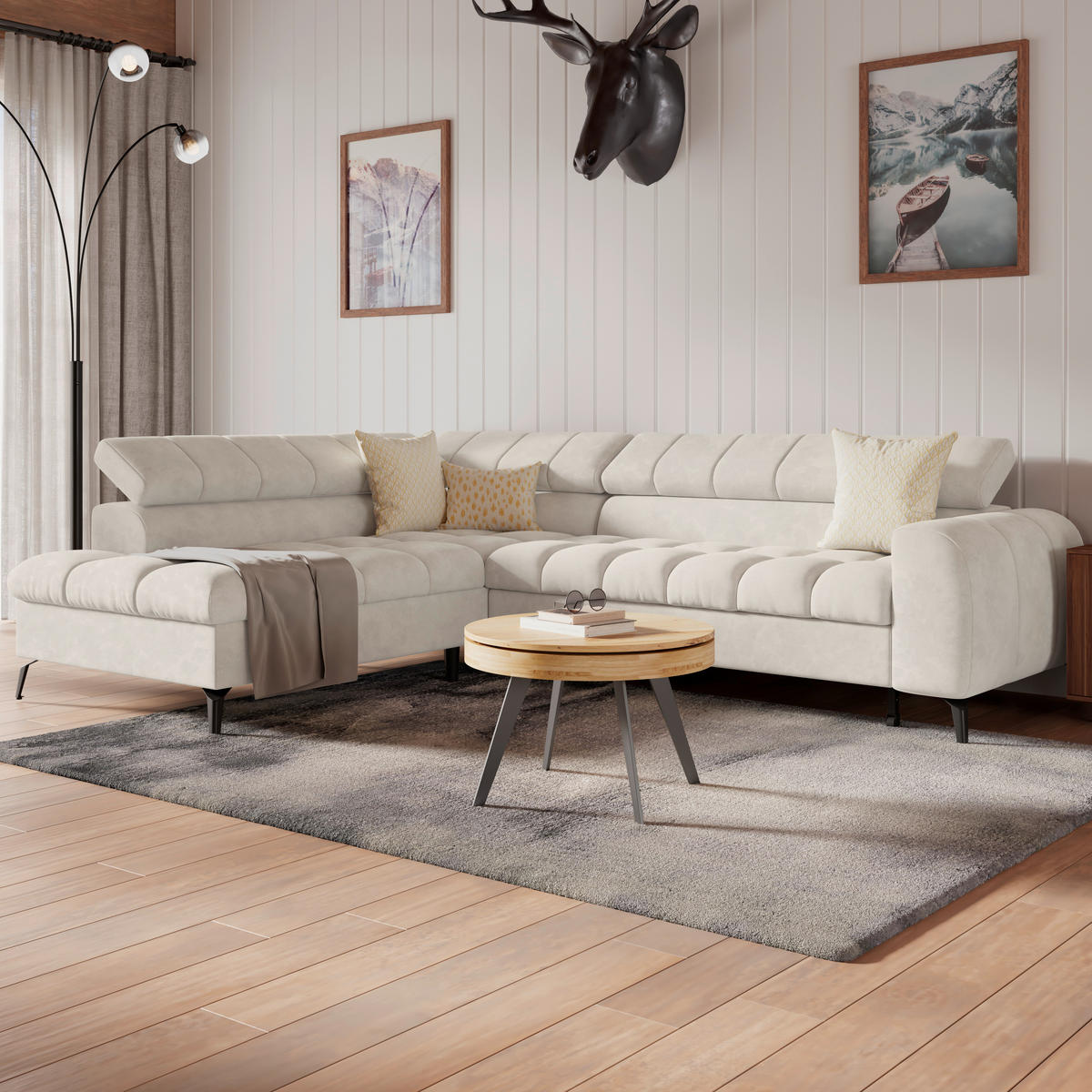 ECKSOFA Creme  - Creme/Schwarz, Trend, Kunststoff/Textil (203/261cm) - Livetastic