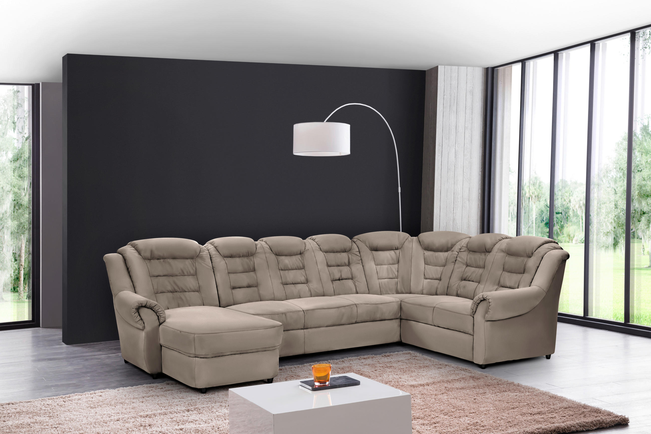 WOHNLANDSCHAFT in Lederlook Hellbraun - Hellbraun/Schwarz, Konventionell, Kunststoff/Textil (165/333/216cm) - Livetastic