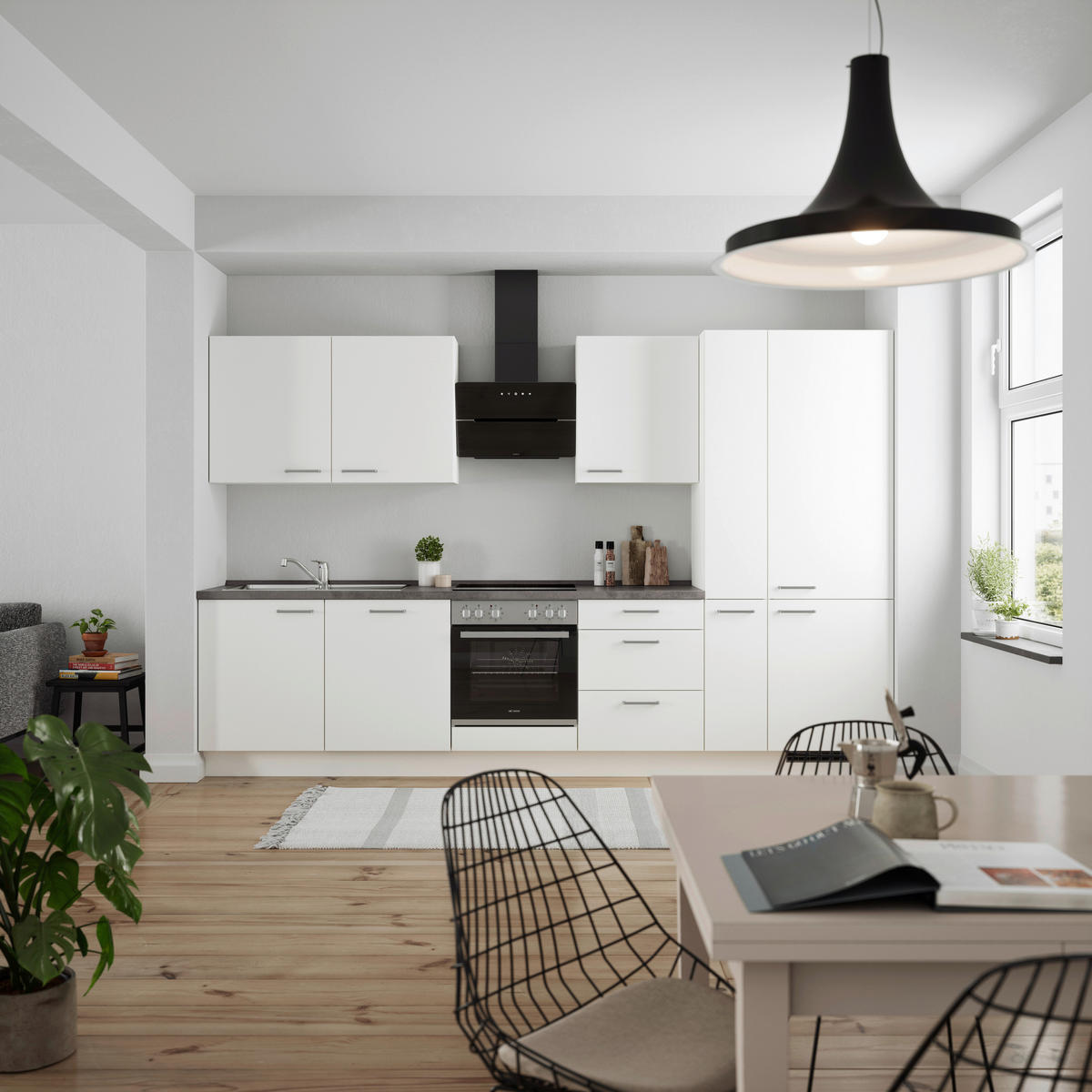 BUCĂTĂRIE FĂRĂ ELECTROCASNICE  - alb/culoare inox, Modern, metal/material pe bază de lemn (330cm) - Nobilia