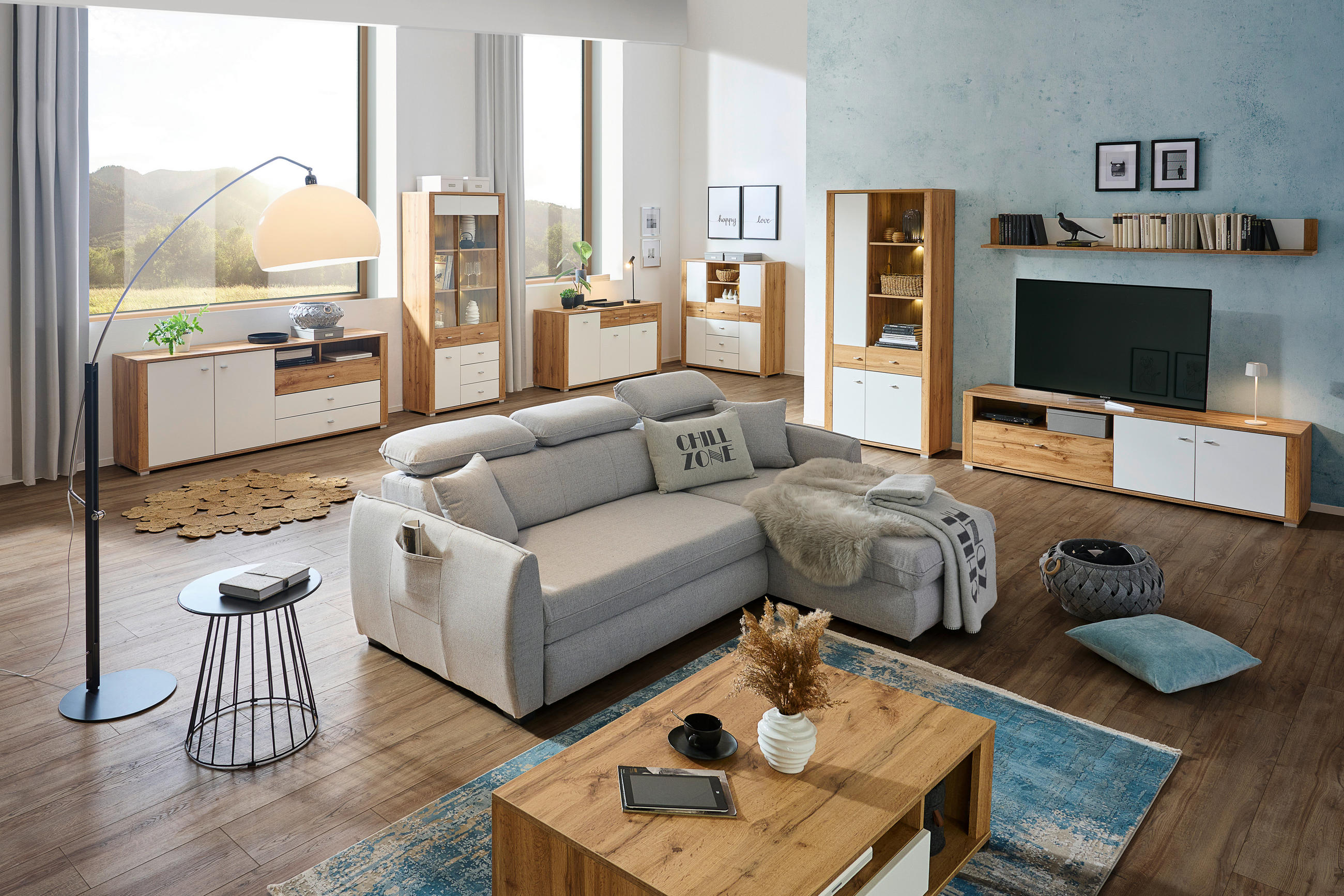 ŠIROKA KOMODA, bela, barve hrasta  - barve kroma/srebrne barve, Konvencionalno, kovina/umetna masa (193/78/45cm) - Ti'me