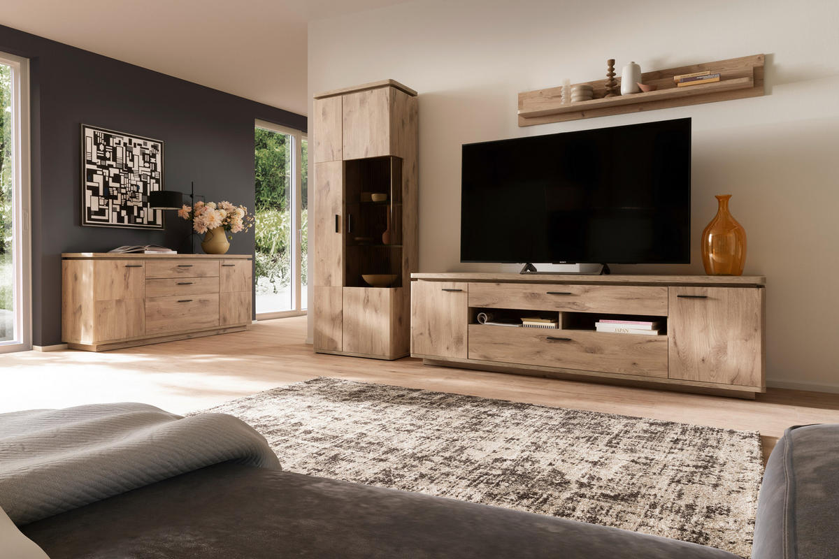 WOHNWAND 3-teilig  in Eichefarben  295/208/50 cm  - Eichefarben/Anthrazit, KONVENTIONELL, Glas/Holzwerkstoff (295/208/50cm) - Cantus