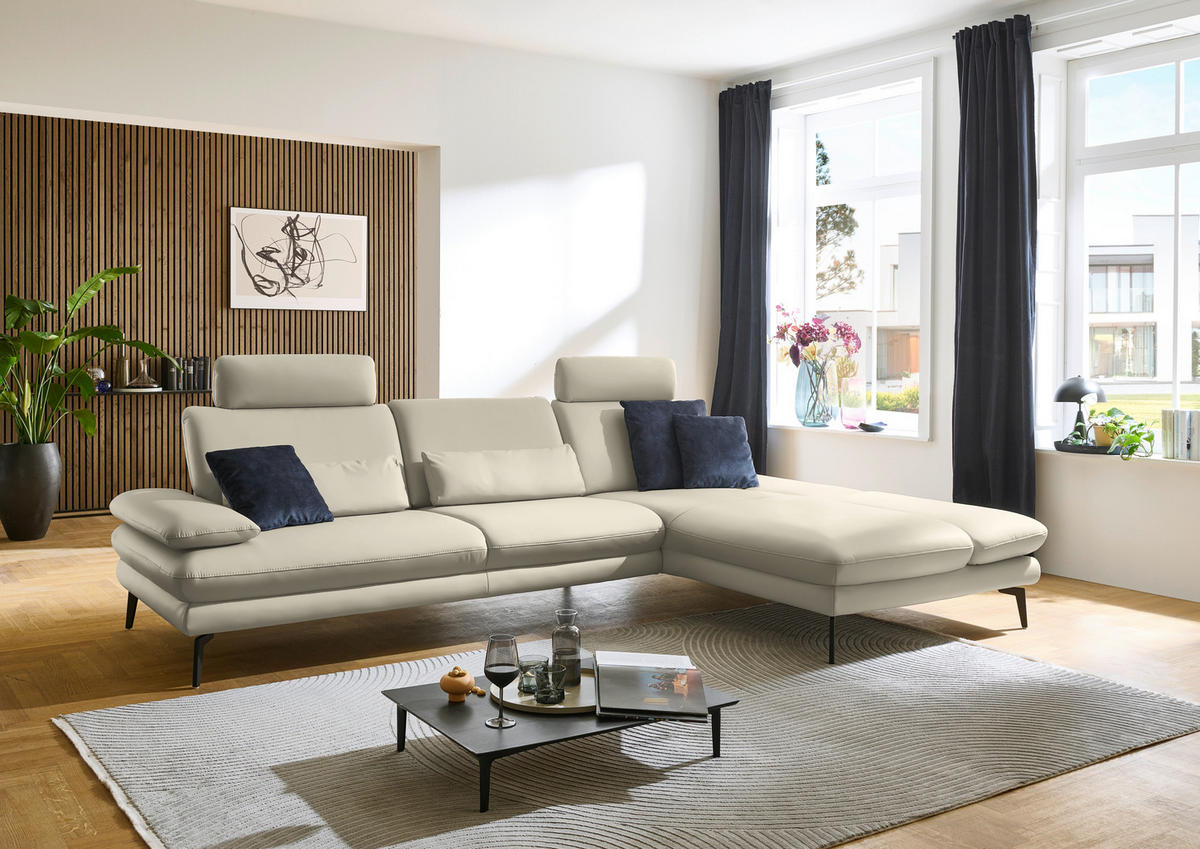 ECKSOFA in Echtleder Ecru  - Ecru/Schwarz, Design, Leder/Metall (308/195cm) - Dieter Knoll