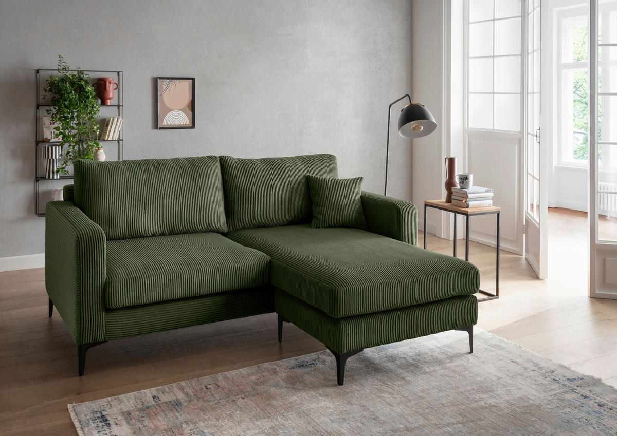 ECKSOFA in Cord Dunkelgrün  - Dunkelgrün/Schwarz, Basics, Textil/Metall (204/153cm) - Livetastic