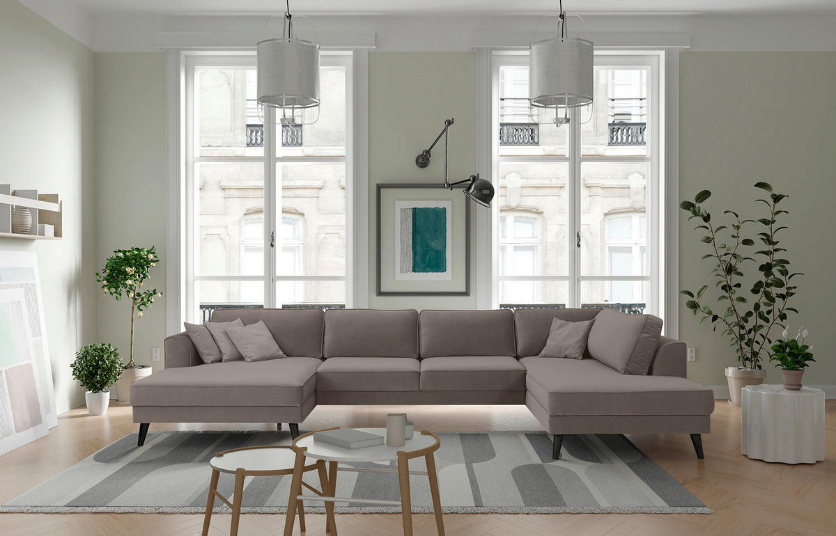 WOHNLANDSCHAFT in Velours Taupe  - Taupe/Wengefarben, Modern, Holz/Textil (169/348/201cm) - Trendmanufaktur