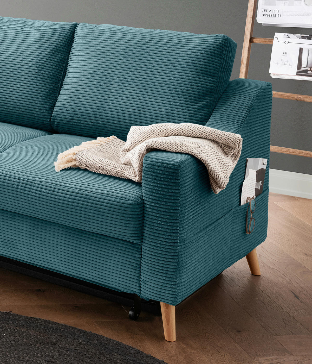 ECKSOFA in Cord Petrol  - Petrol/Naturfarben, MODERN, Holz/Textil (200/230cm) - Livetastic