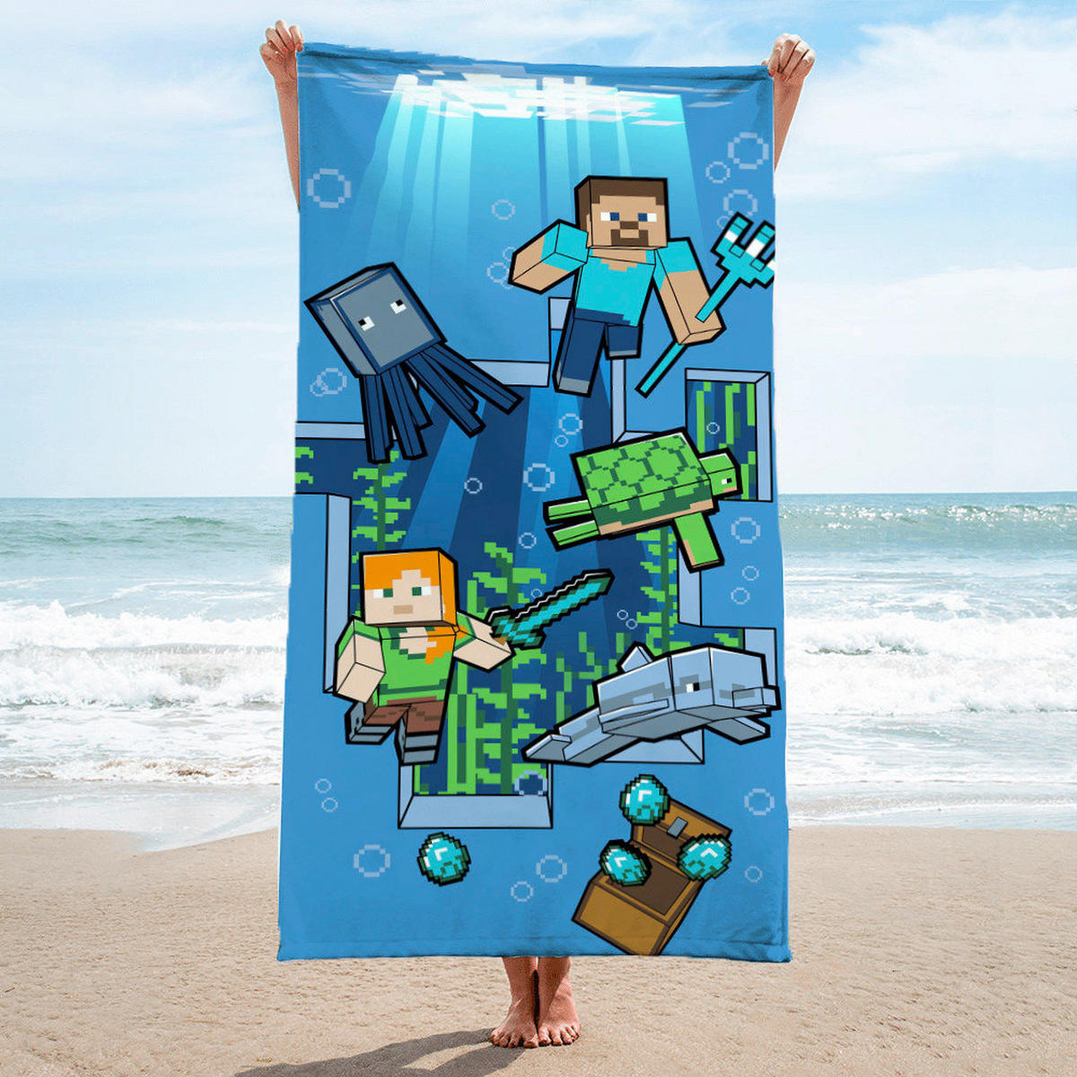 STRANDTUCH Minecraft Underwater Blau 150/70 cm  - Blau, Basics, Textil (150/70cm)