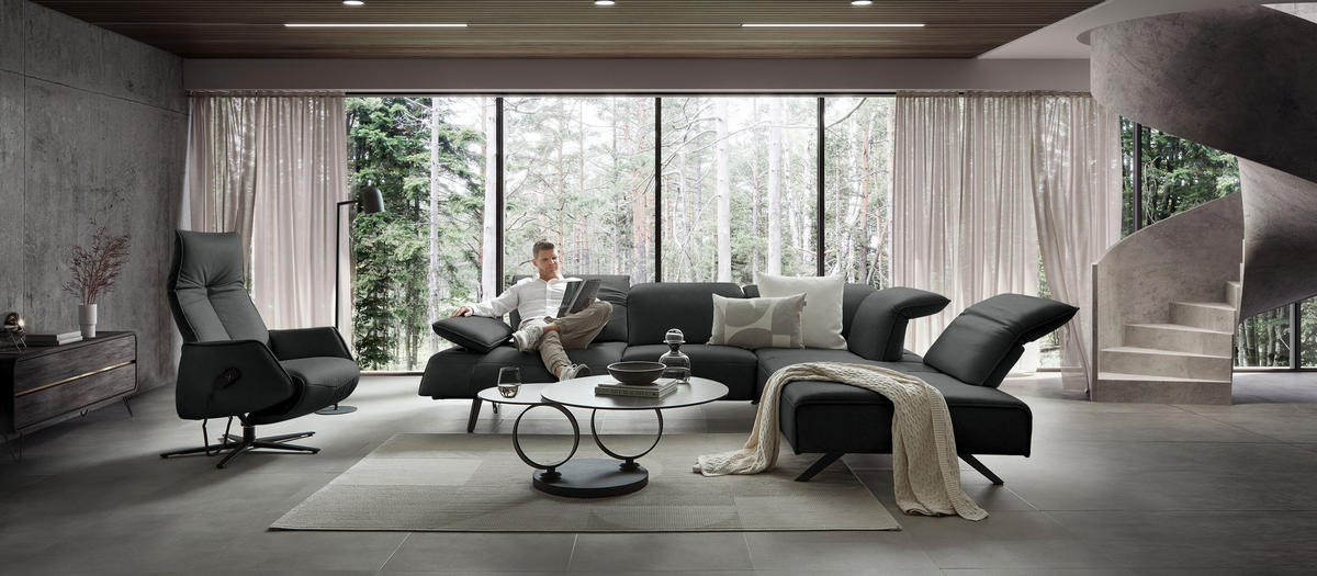 ECKSOFA Echtleder Anthrazit  - Anthrazit, Design, Leder/Metall (290/230cm) - Johann Jakob