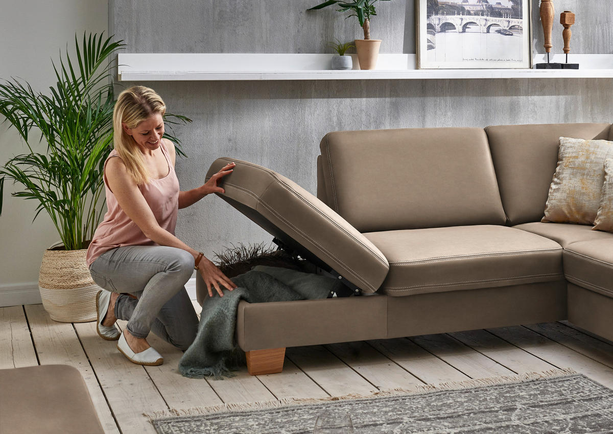 ECKSOFA  in Echtleder Greige  235/274 cm  - Greige/Eichefarben, KONVENTIONELL, Leder/Holzwerkstoff (235/274cm) - Beldomo Premium