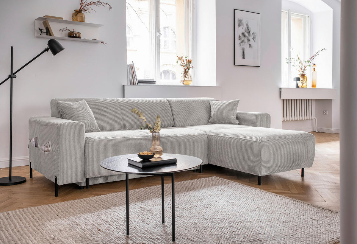 ECKSOFA in Cord Beige  - Beige/Schwarz, Textil/Metall (260/165cm) - MID.YOU