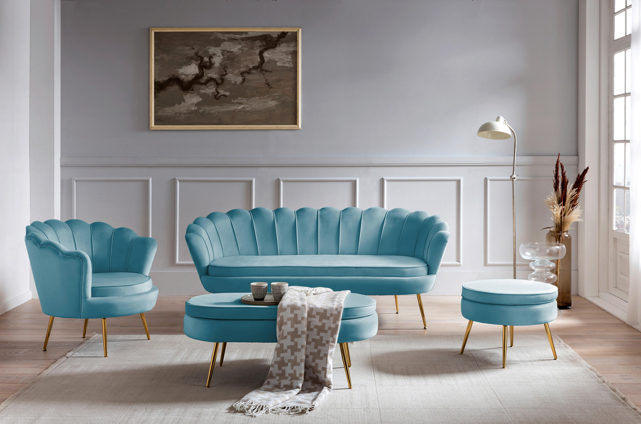 SESSEL in Samt Blau - Blau/Goldfarben, MODERN, Textil/Metall (76/78/76cm) - Livetastic