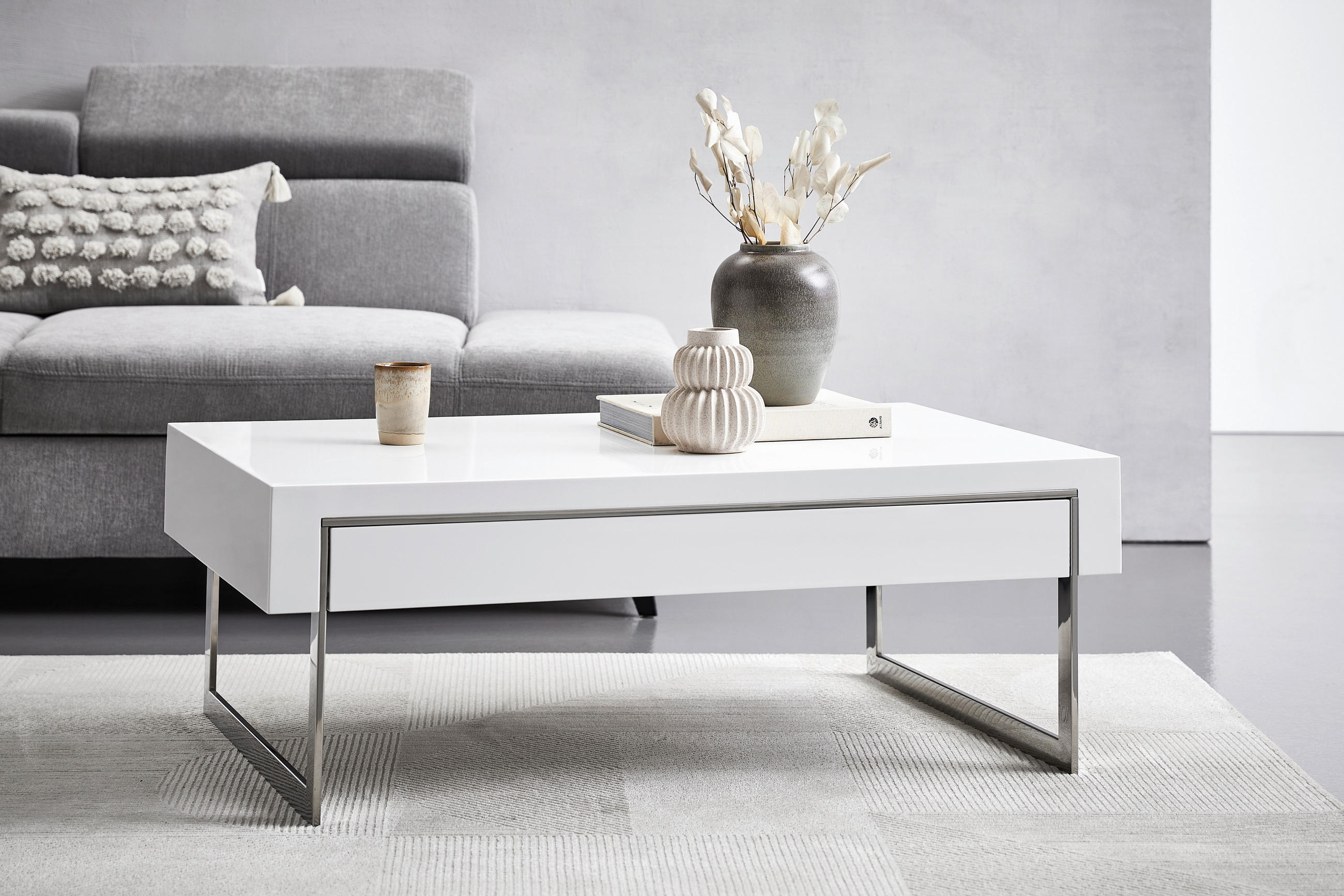 COUCHTISCH rechteckig Weiß, Weiß Hochglanz  - Chromfarben/Weiß Hochglanz, Basics, Holzwerkstoff/Metall (110/40/70cm) - MID.YOU