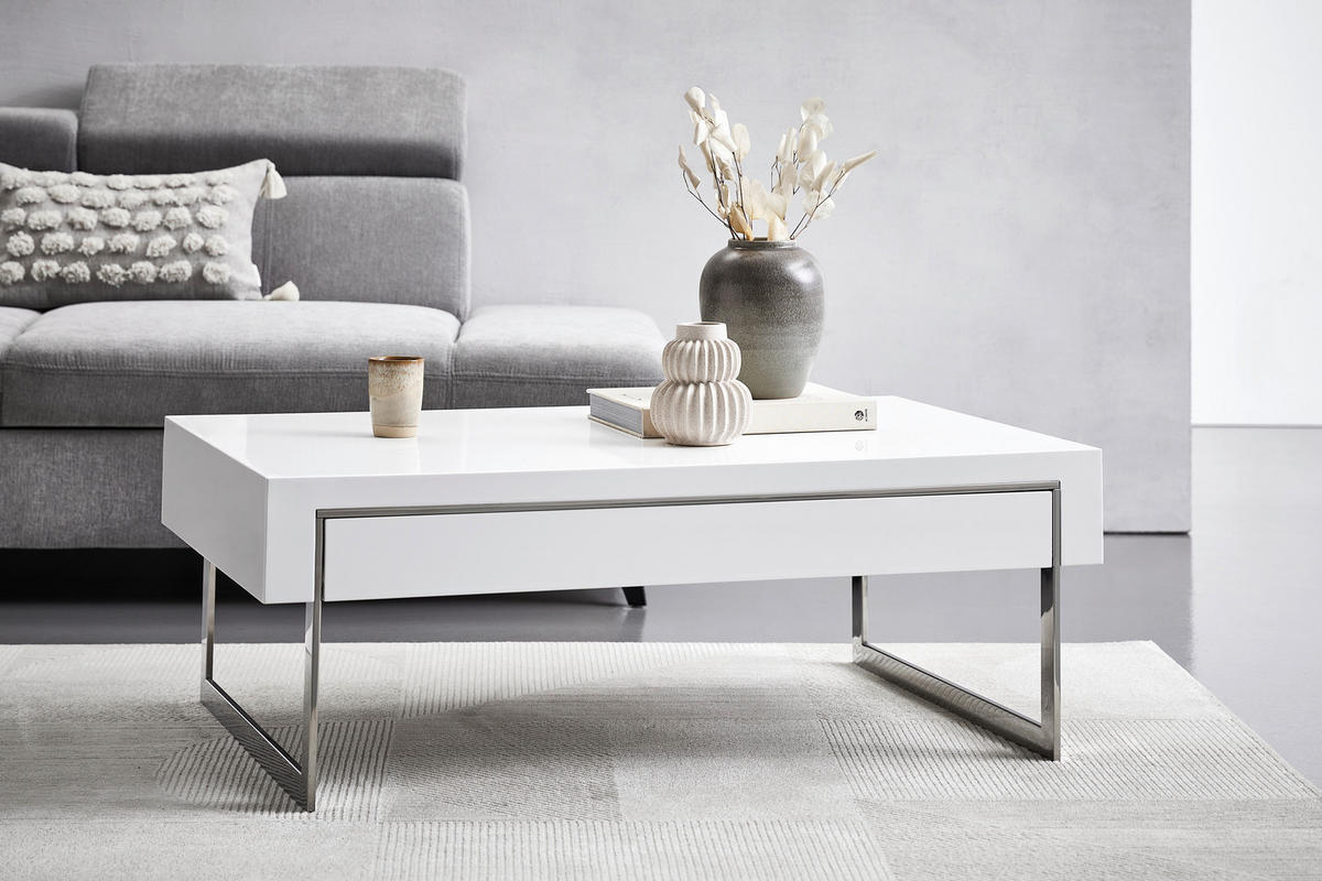COUCHTISCH rechteckig Weiß, Weiß Hochglanz  - Chromfarben/Weiß Hochglanz, Basics, Holzwerkstoff/Metall (110/40/70cm) - MID.YOU