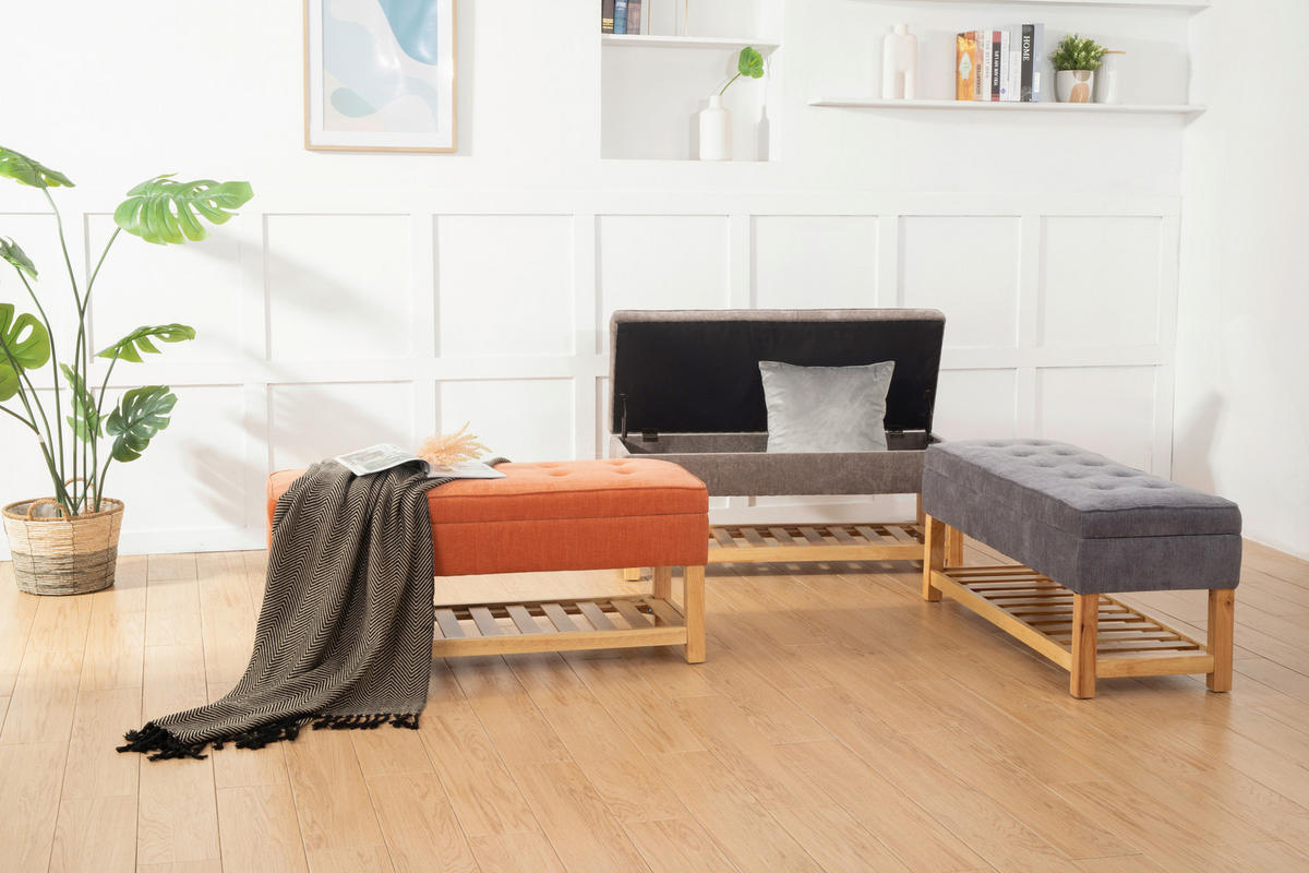 HOCKERBANK 110/49/43 cm Webstoff Orange, Naturfarben Kiefer, Kautschukholz massiv, Sperrholz  - Naturfarben/Orange, Design, Holz/Textil (110/49/43cm) - MID.YOU