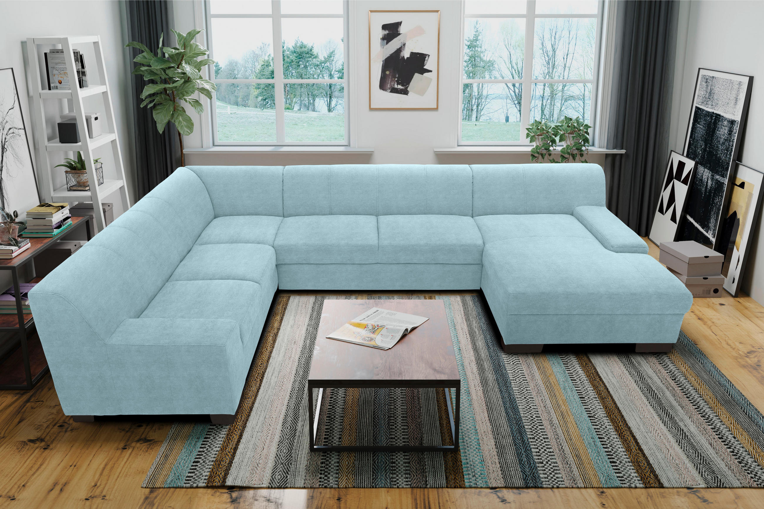 WOHNLANDSCHAFT in Webstoff Pastellblau  - Wengefarben/Pastellblau, Design, Holz/Textil (212/328/153cm) - MID.YOU