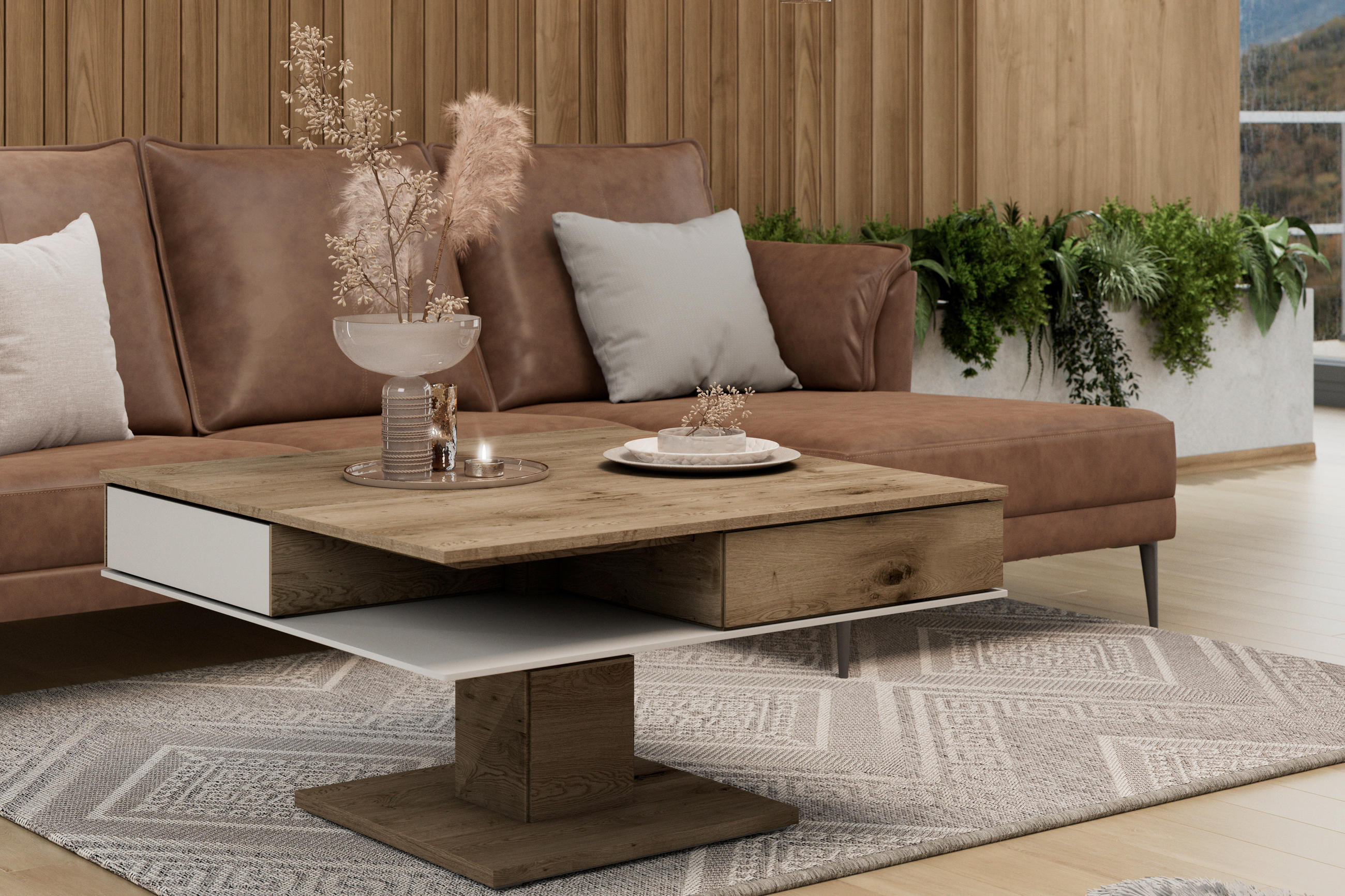 COUCHTISCH Altholz, Eiche massiv Farbglas 90/90/38,3 cm quadratisch Weiß, Eichefarben  - Eichefarben/Weiß, Design, Glas/Holz (90/90/38,3cm) - Voglauer