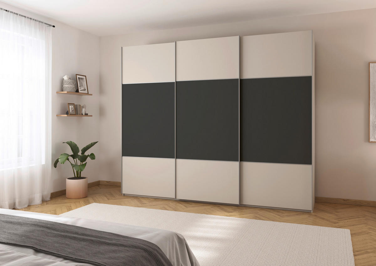 SCHWEBETÜRENSCHRANK 271/223/68 cm 3-türig Graphitfarben, Champagner  - Champagner/Alufarben, KONVENTIONELL, Holzwerkstoff/Metall (271/223/68cm) - Novel