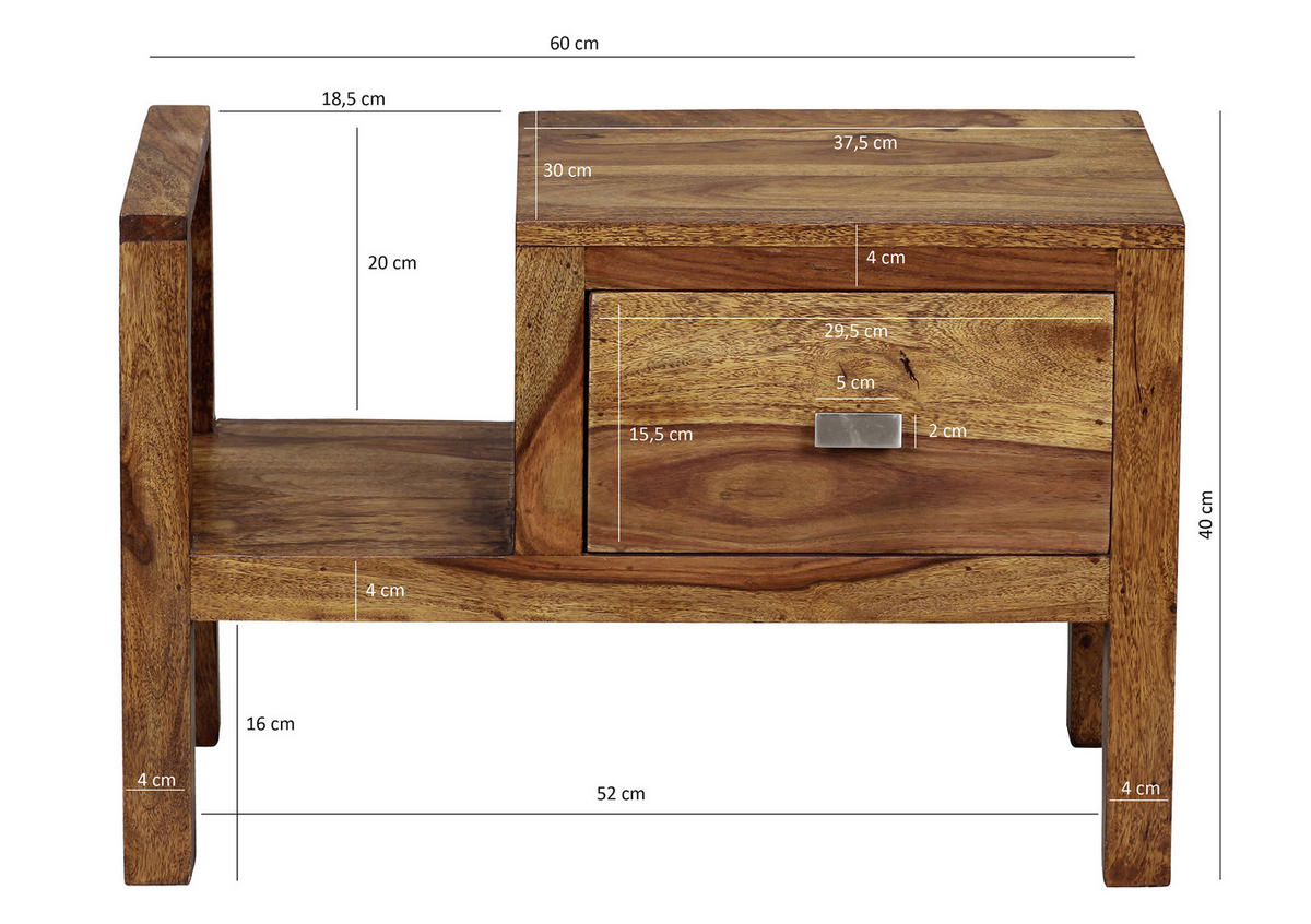 NACHTSCHRANK Sheesham massiv  - Chromfarben/Sheeshamfarben, KONVENTIONELL, Holz/Metall (60/40/30cm) - MID.YOU