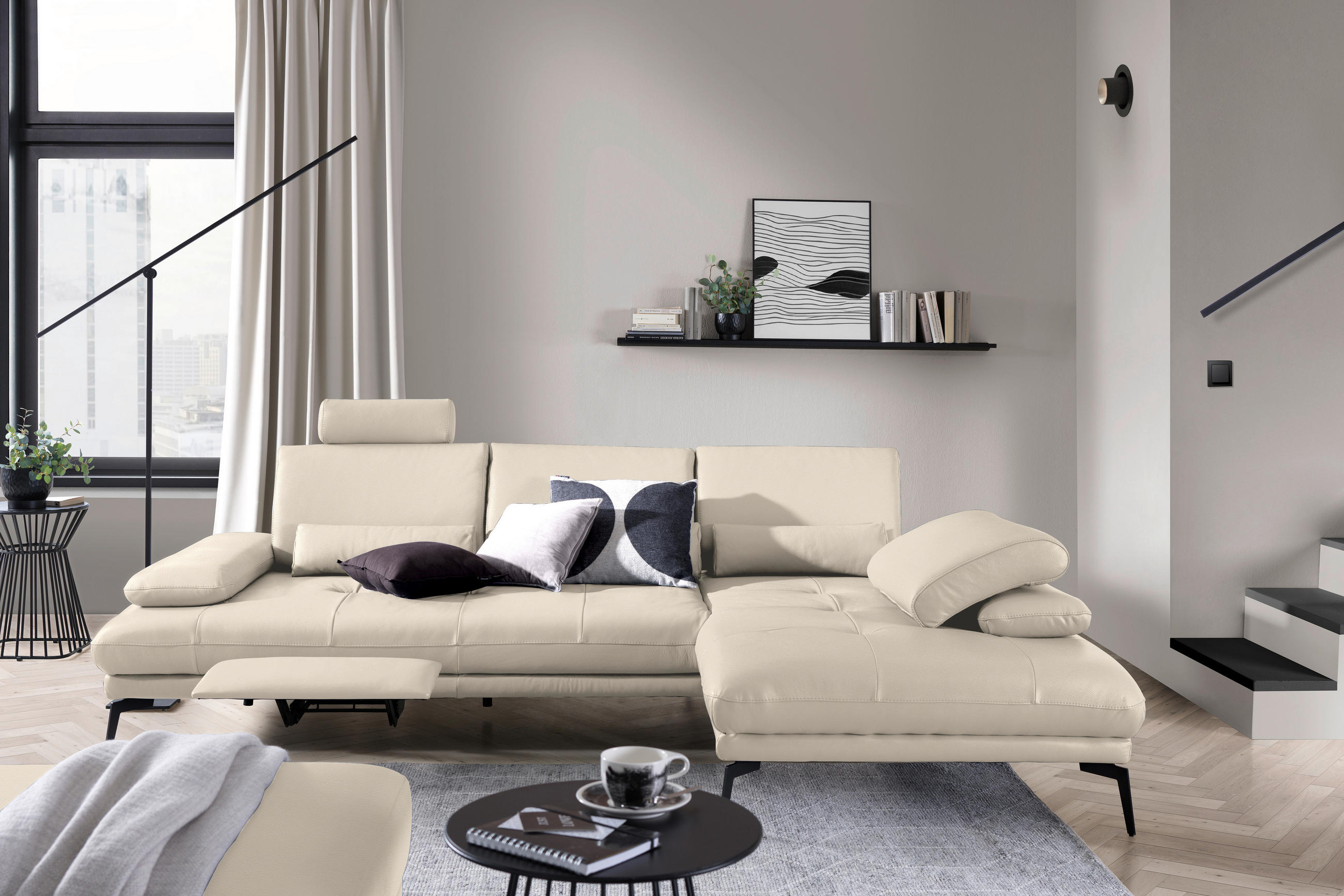 ECKSOFA in Echtleder Beige  - Beige/Schwarz, Design, Leder/Metall (273/187cm) - Celina Home